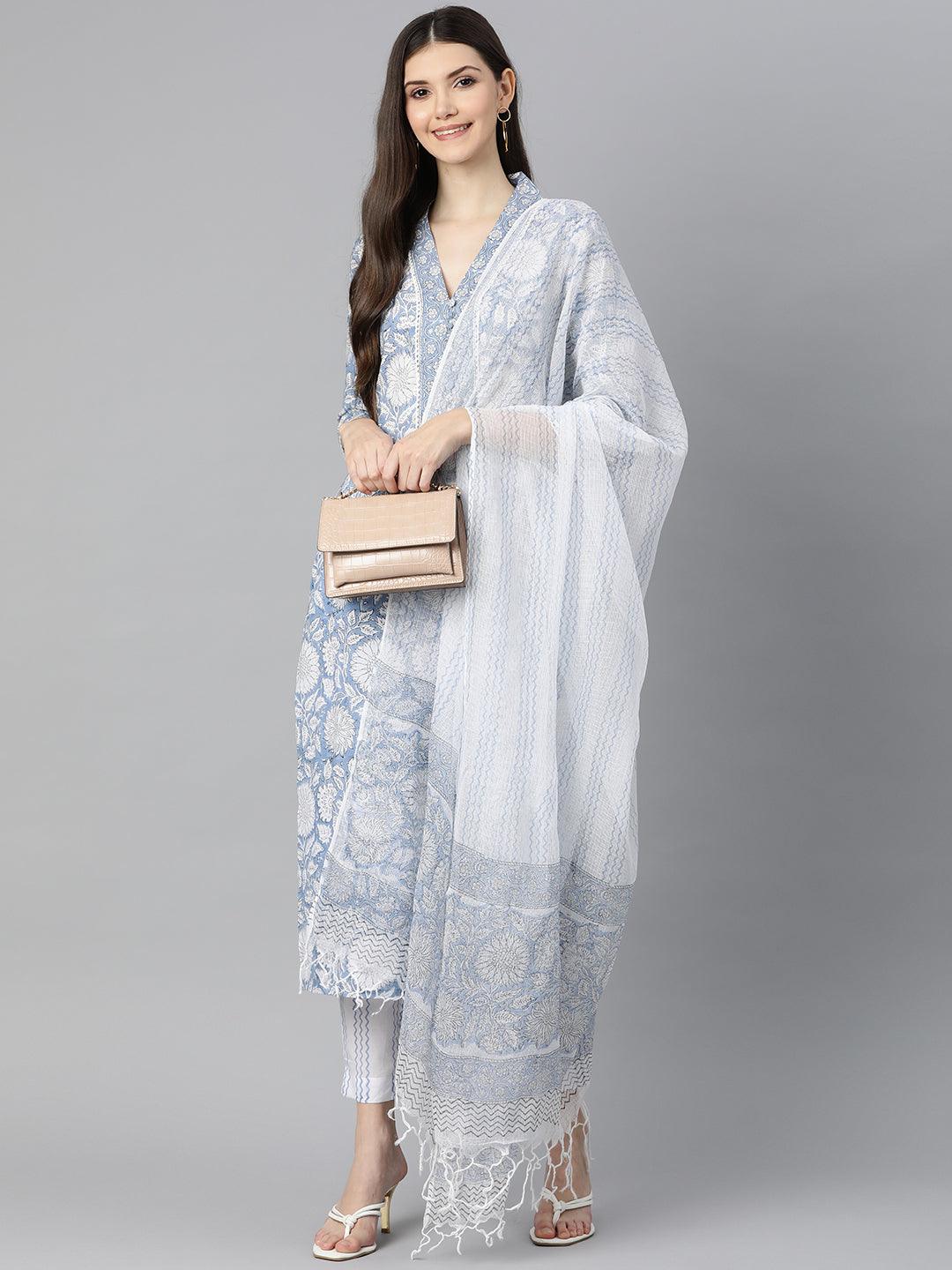 Divena Sky blue Hand Block Printed Straight kurta Pant Set with Dupatta - divena world-Mohi