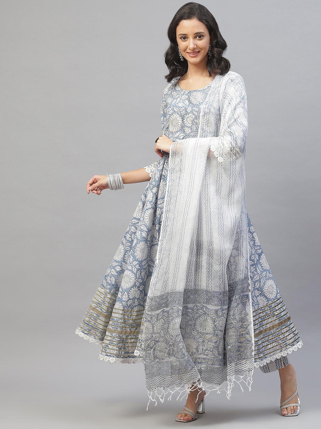 Divena Sky blue Hand Block Printed Anarkali kurta Pant Set with Dupatta - divena world-Mohi