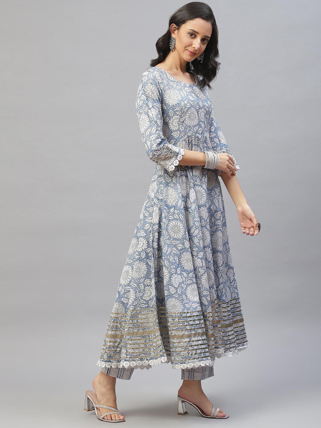 Divena Sky blue Hand Block Printed Anarkali kurta Pant Set with Dupatta - divena world-Mohi