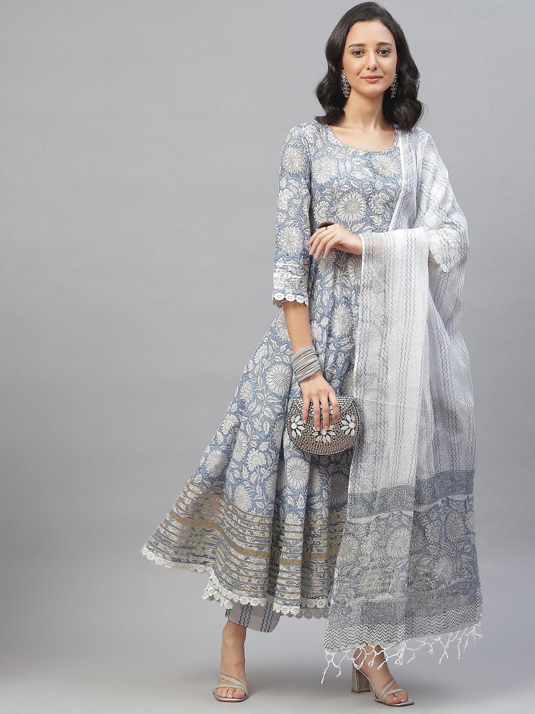 Divena Sky blue Hand Block Printed Anarkali kurta Pant Set with Dupatta - divena world-Mohi