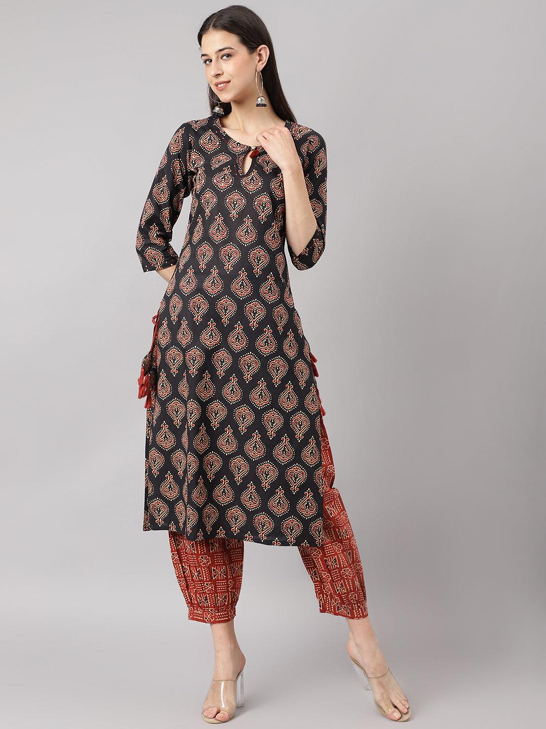 Divena Black and Red Cotton Buti Printed Kurta with hem Cuffed pant set - divena world-Mohi