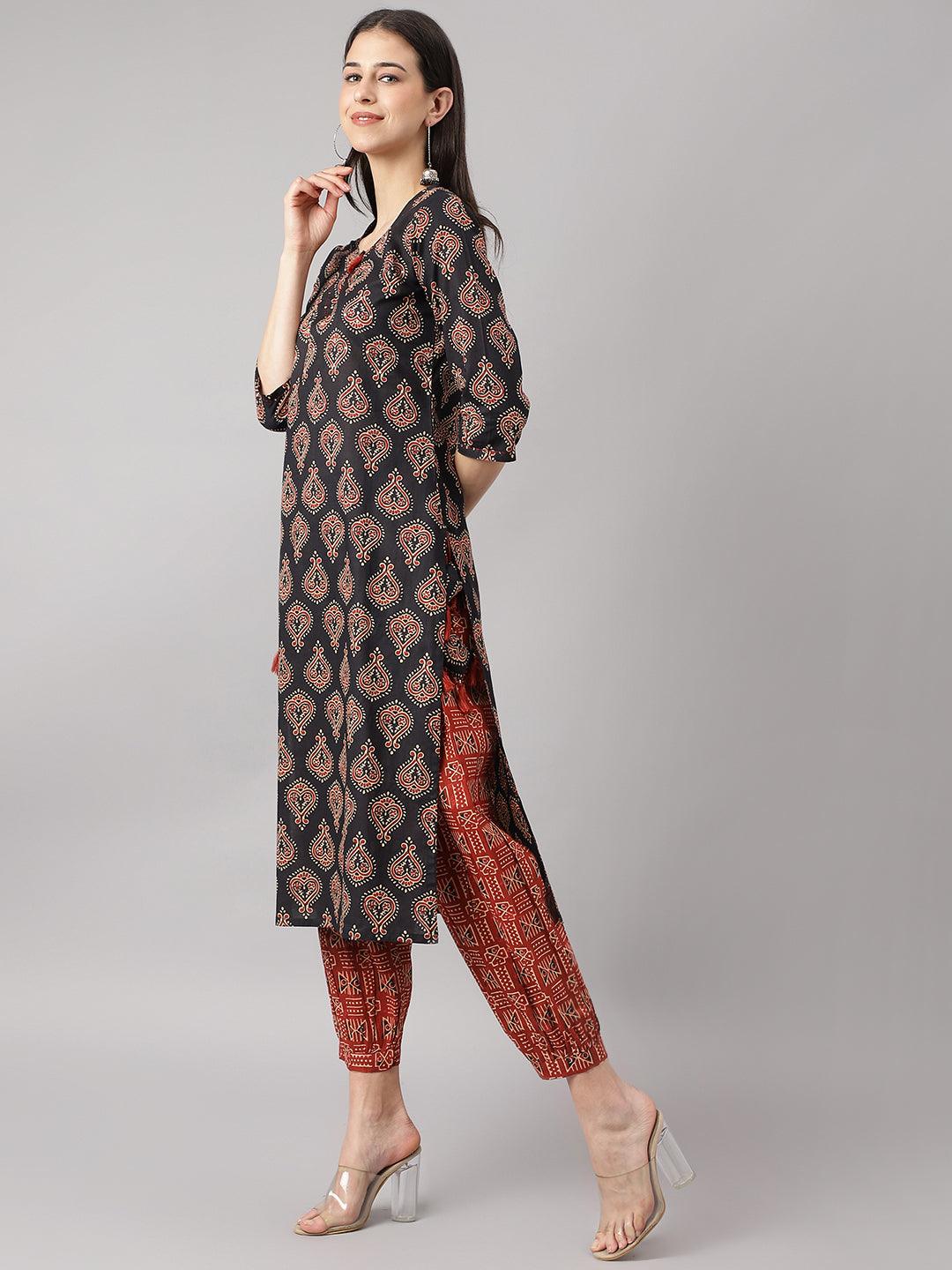 Divena Black and Red Cotton Buti Printed Kurta with hem Cuffed pant set - divena world-Mohi