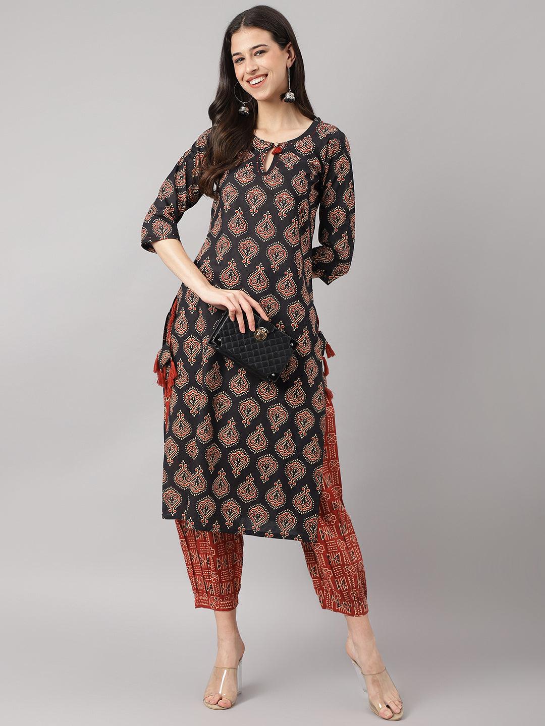 Divena Black and Red Cotton Buti Printed Kurta with hem Cuffed pant set - divena world-Mohi