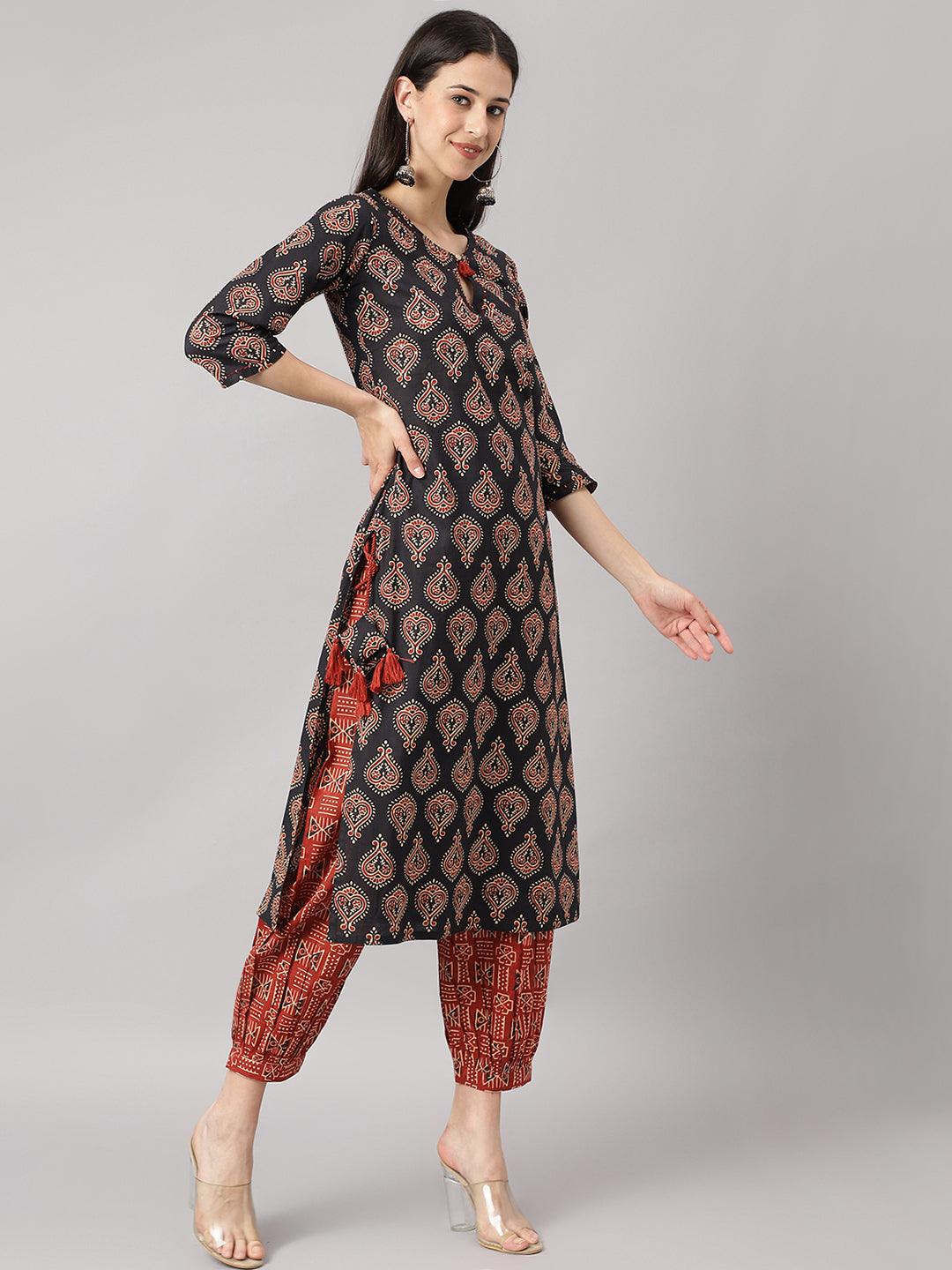 Divena Black and Red Cotton Buti Printed Kurta with hem Cuffed pant set - divena world-Mohi