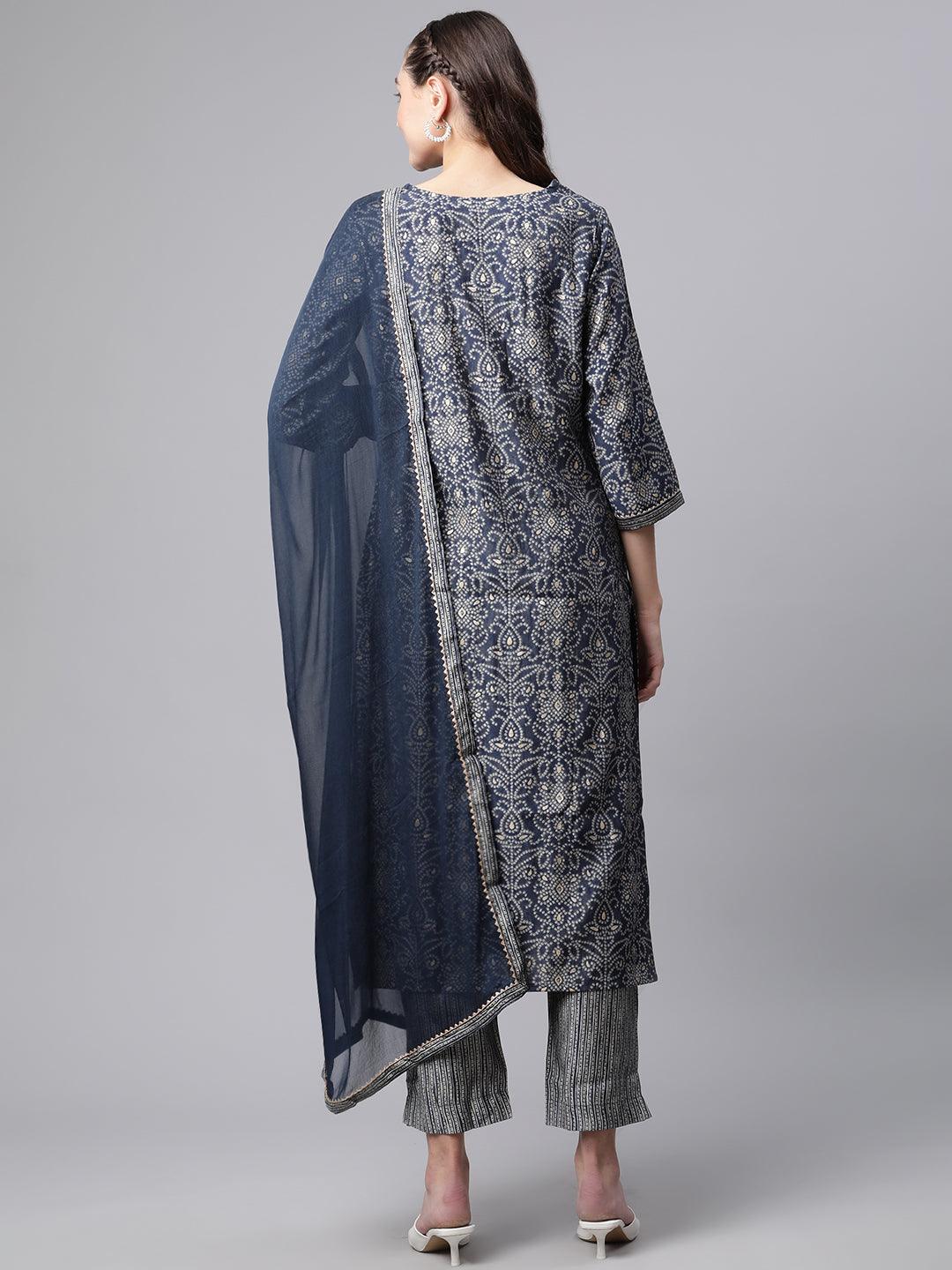 Divena Blue Bandhani Print Chanderi Kurta pant set With Dupatta - divenaworld.com