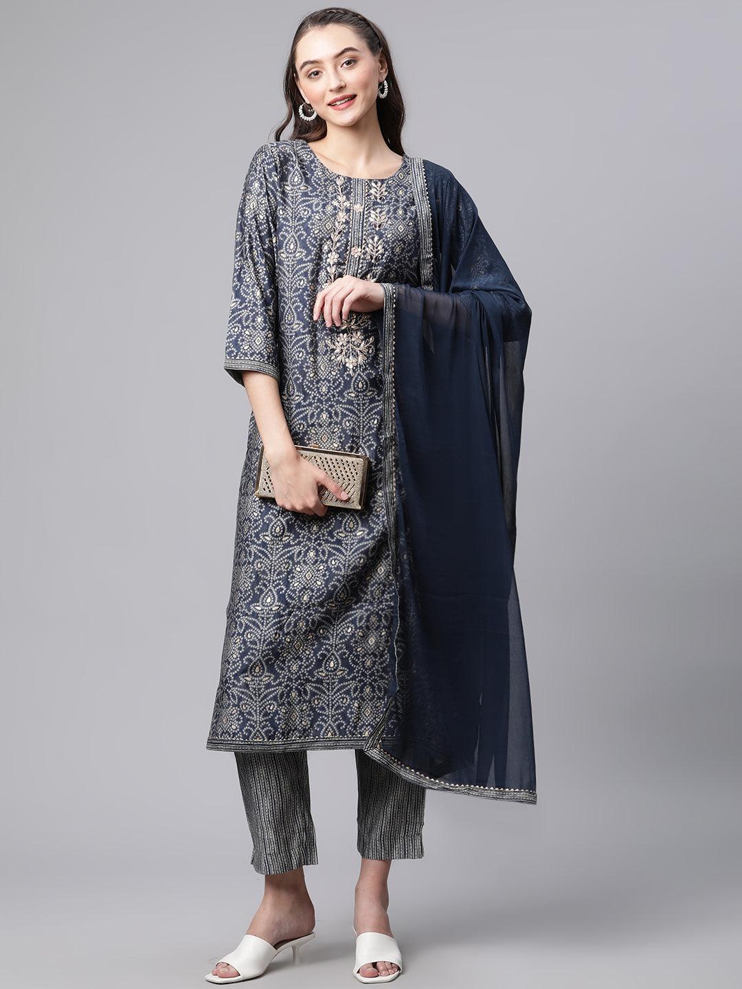 Divena Blue Bandhani Print Chanderi Kurta pant set With Dupatta - divenaworld.com