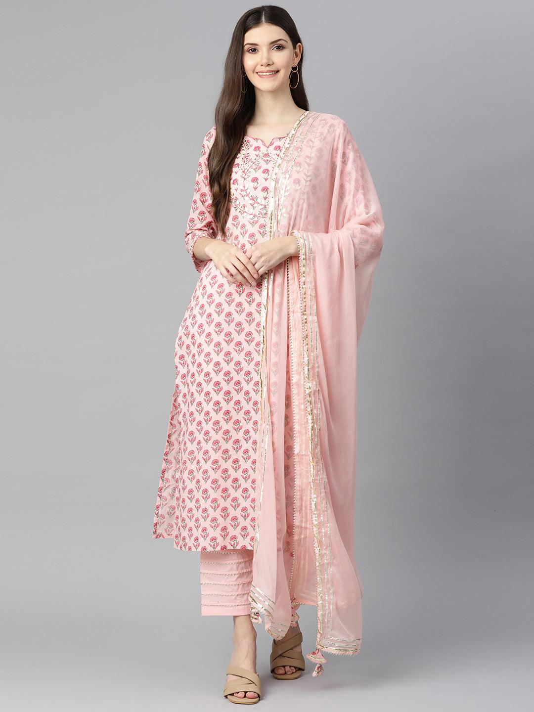 Divena Pink Cotton Straight Kurta Pant Set With Dupatta - divena world-Mohi