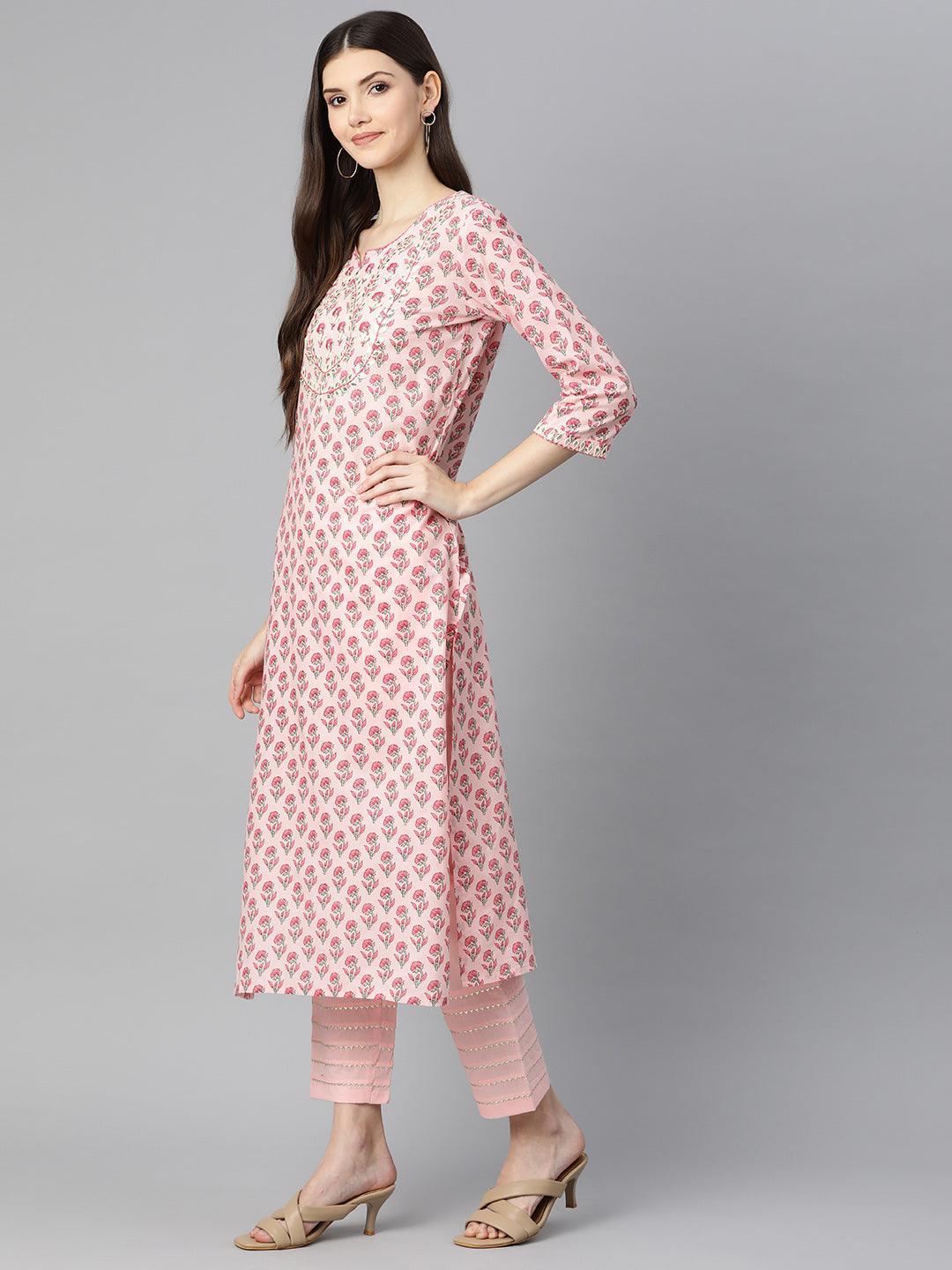 Divena Pink Cotton Straight Kurta Pant Set With Dupatta - divena world-Mohi