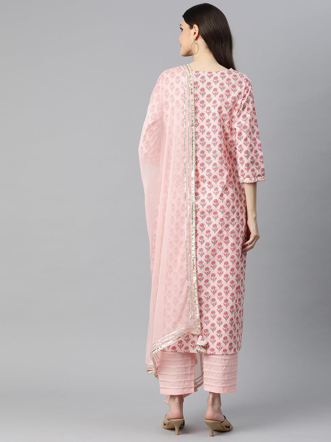 Divena Pink Cotton Straight Kurta Pant Set With Dupatta - divena world-Mohi