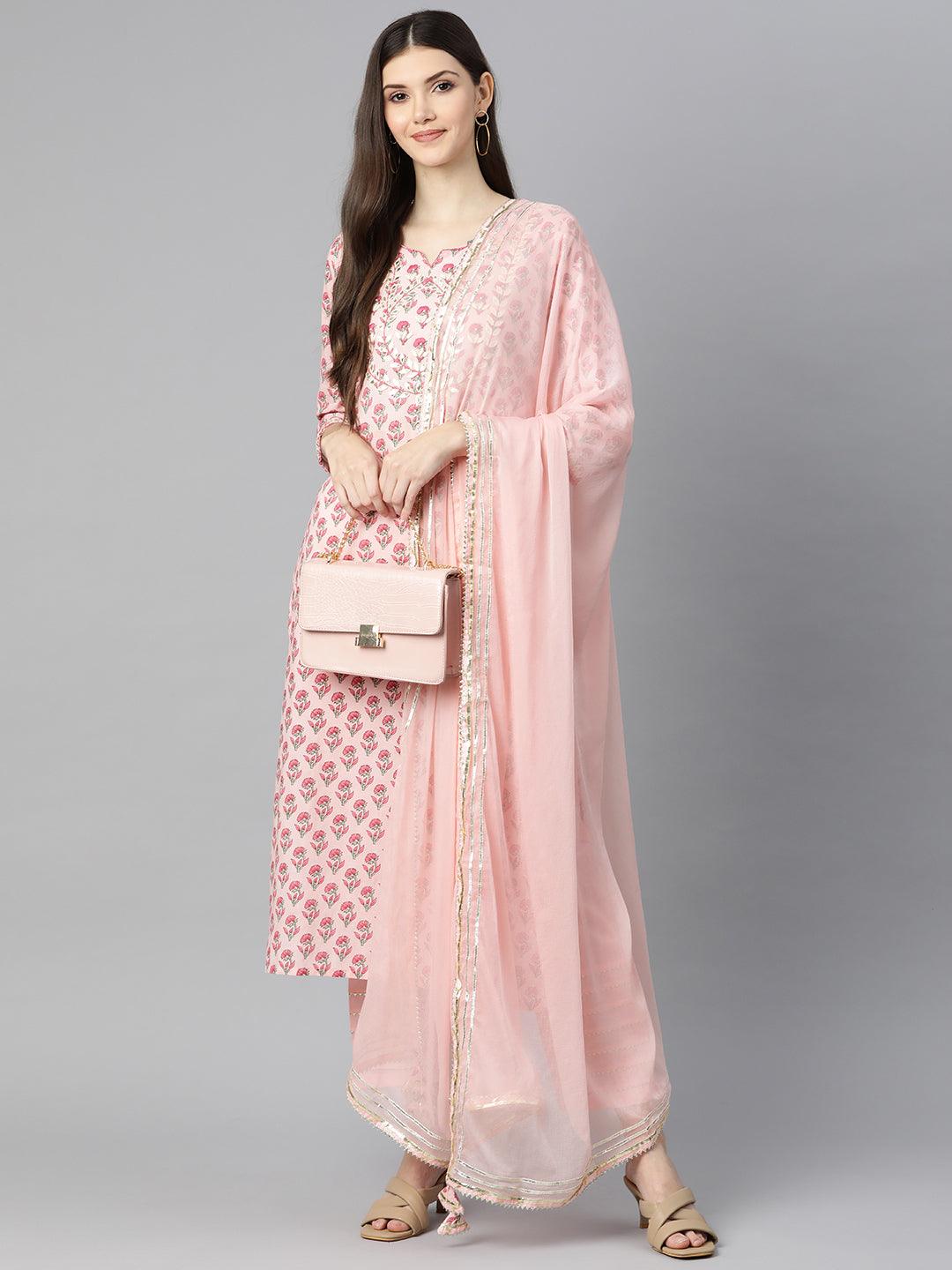 Divena Pink Cotton Straight Kurta Pant Set With Dupatta - divena world-Mohi