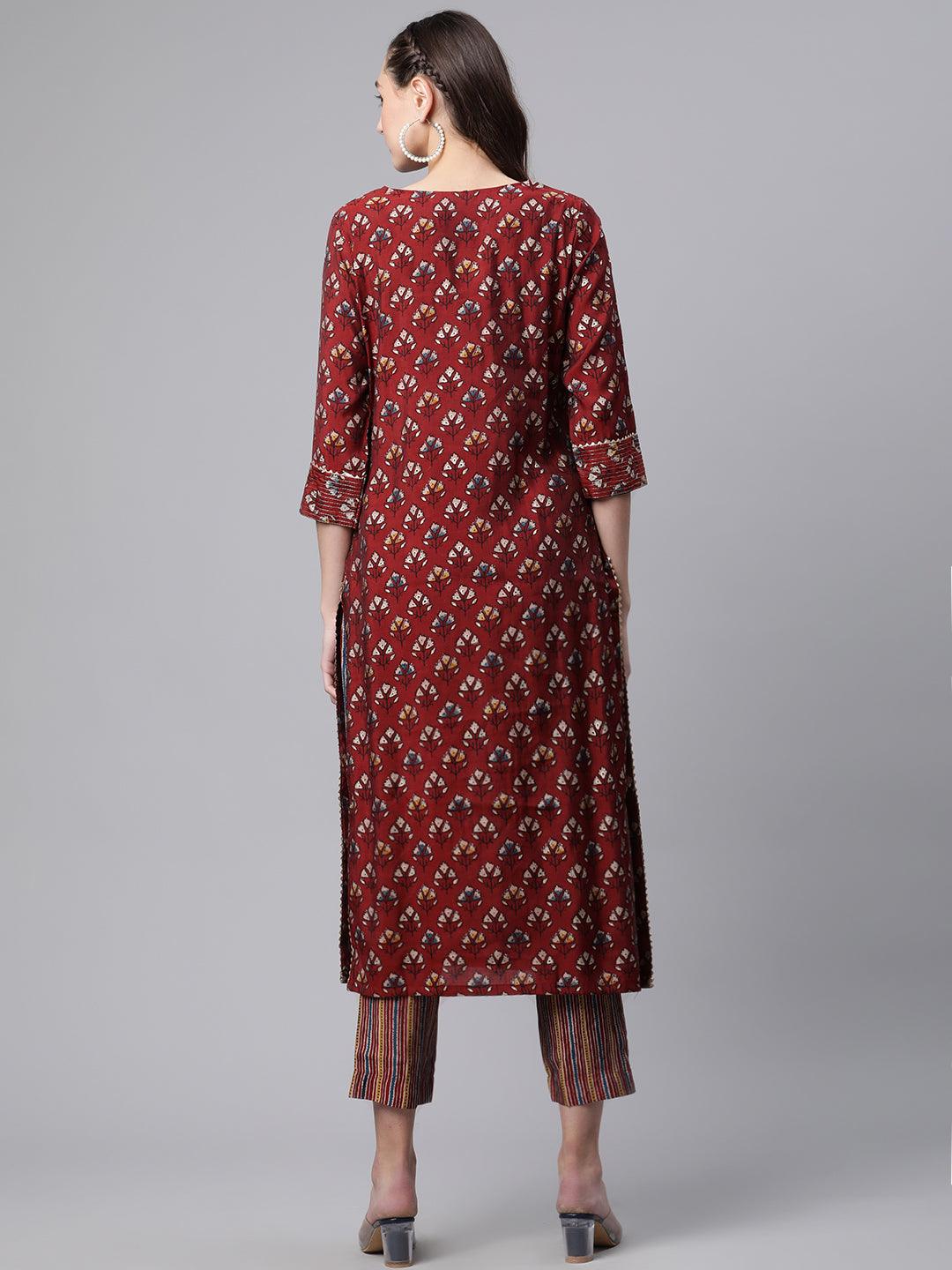 Divena Maroon Chanderi Kurta pant set - divenaworld.com