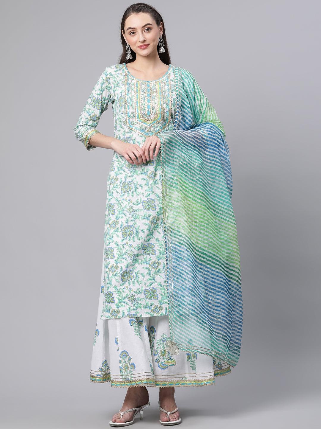 White and Blue Floral Printed Kurta Palazzo Set With Dupatta