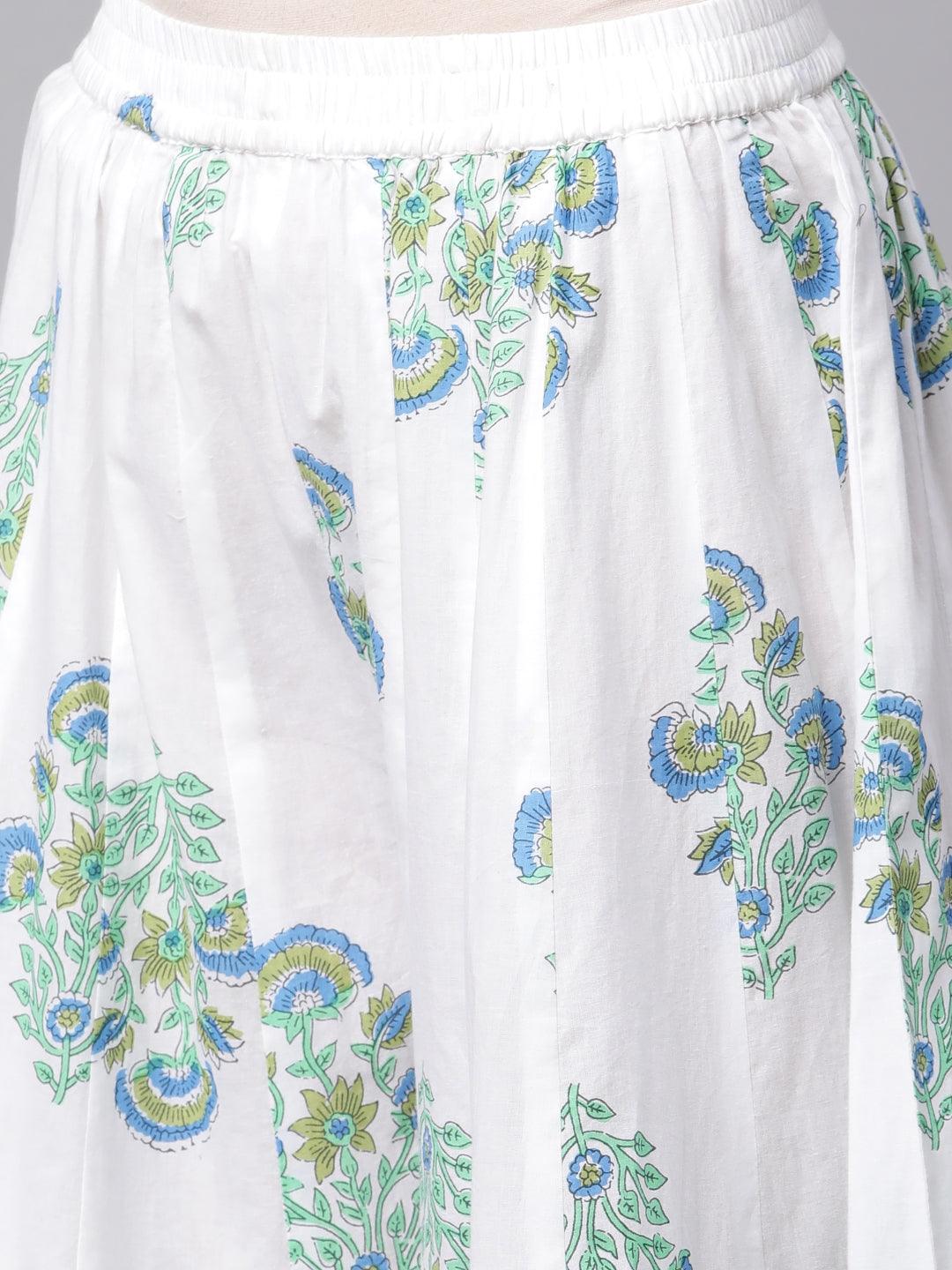 White and Blue Floral Printed Kurta Palazzo Set With Dupatta