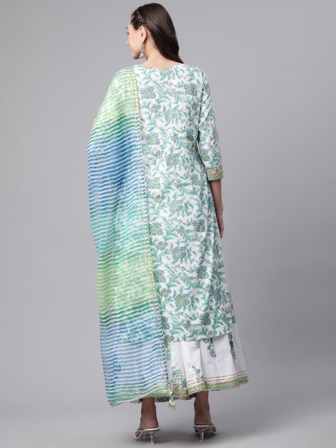 White and Blue Floral Printed Kurta Palazzo Set With Dupatta