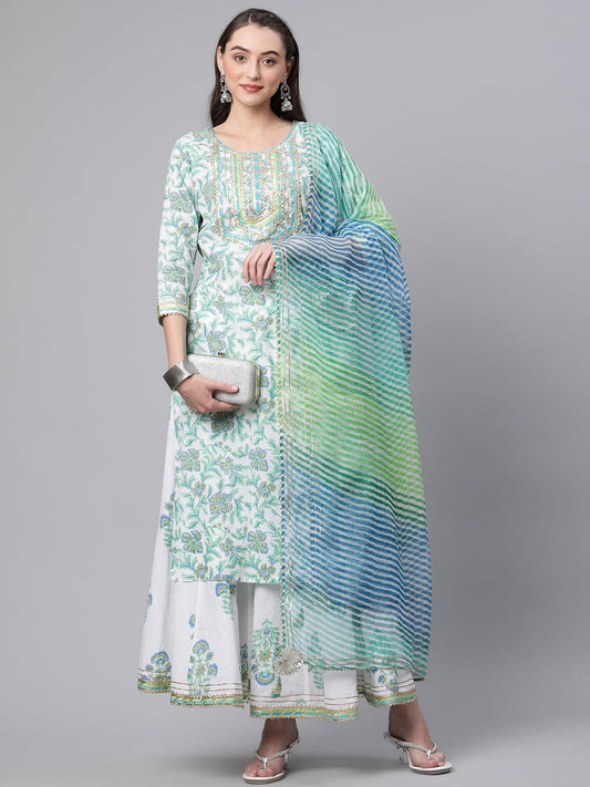 White and Blue Floral Printed Kurta Palazzo Set With Dupatta