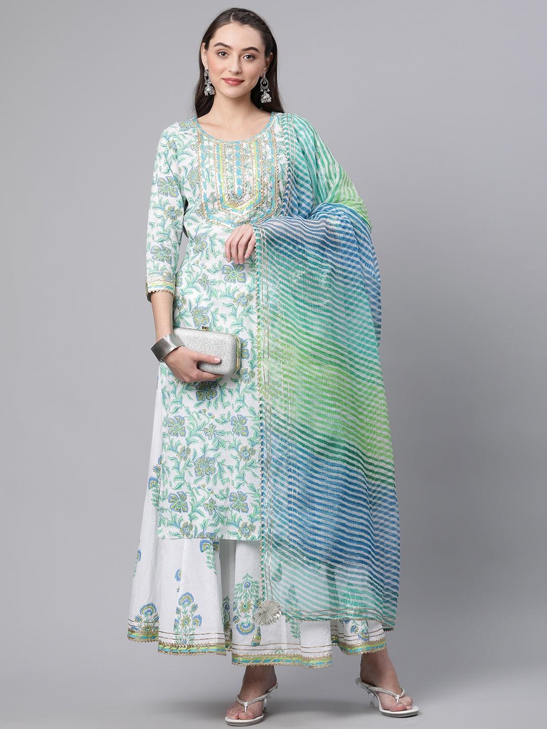 Divena White Floral Printed Kurta Palazzo set with Dupatta - divenaworld.com