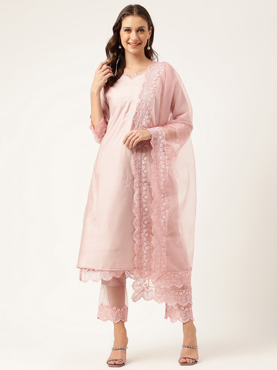 Solid Chanderi Kurta with Inner,Trouser Inner & Dupatta Set