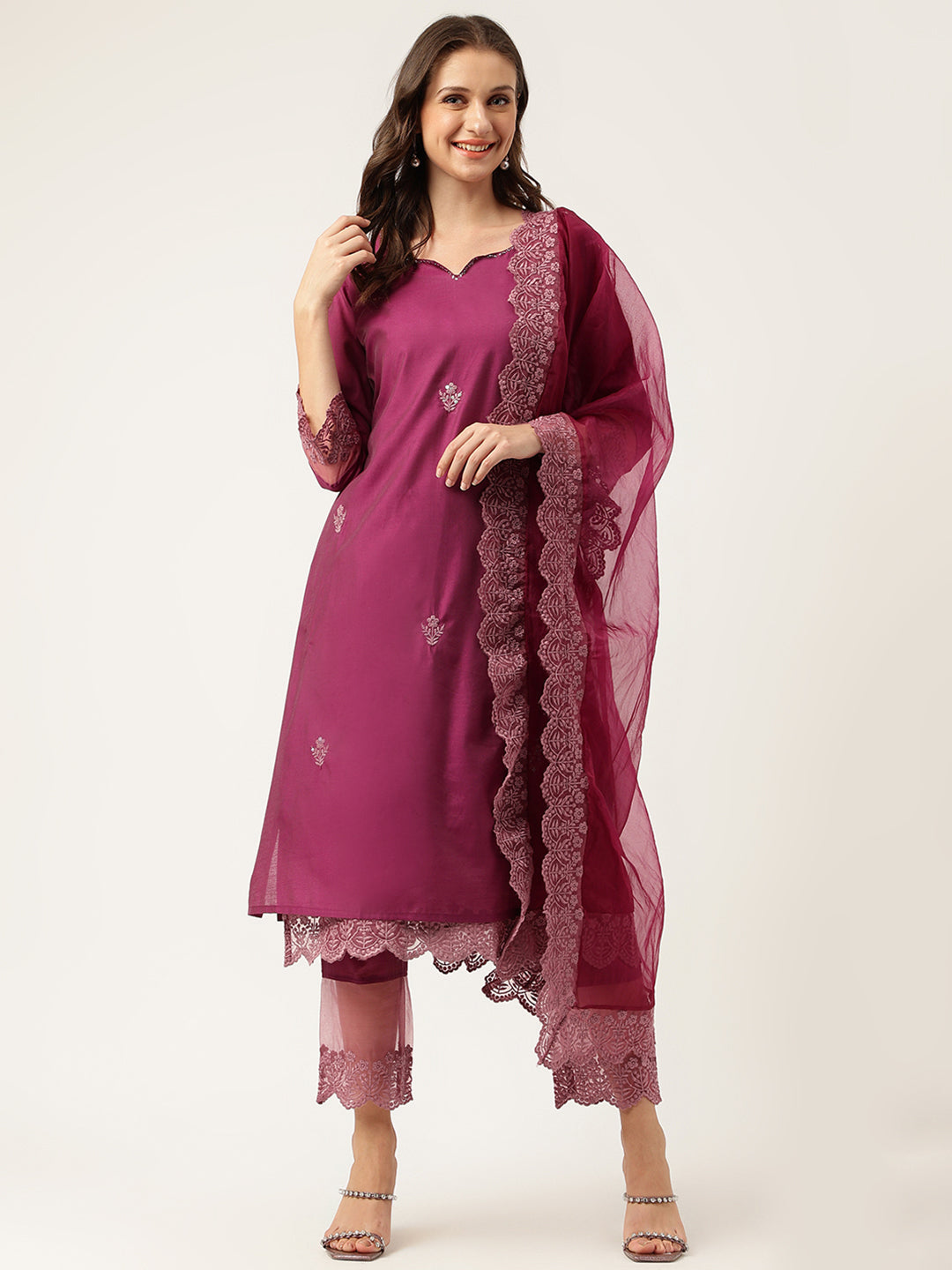 Solid Purple Chanderi Embroidered Kurta with Inner Trouser Inner & Dupatta Set