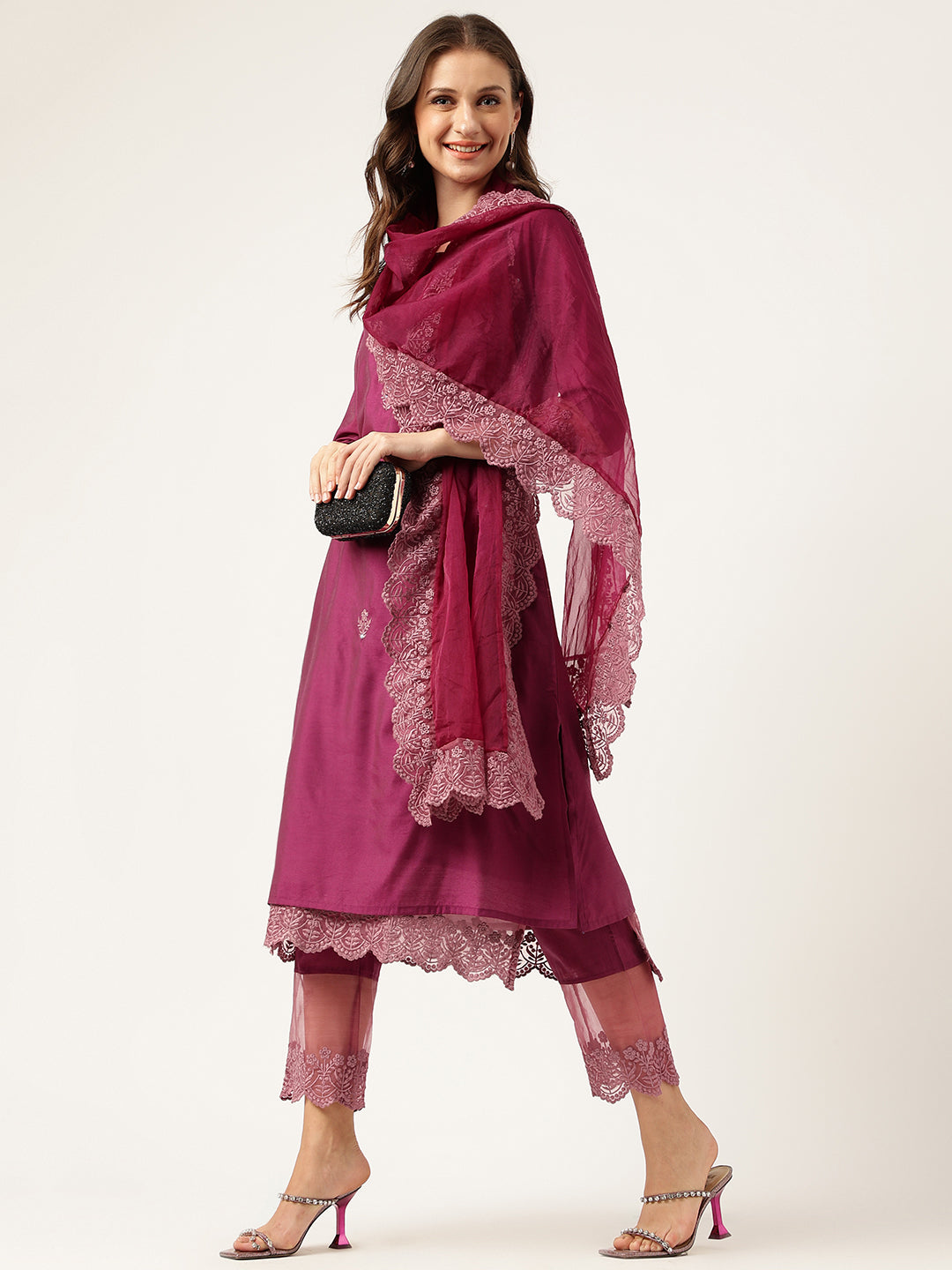 Solid Purple Chanderi Embroidered Kurta with Inner Trouser Inner & Dupatta Set