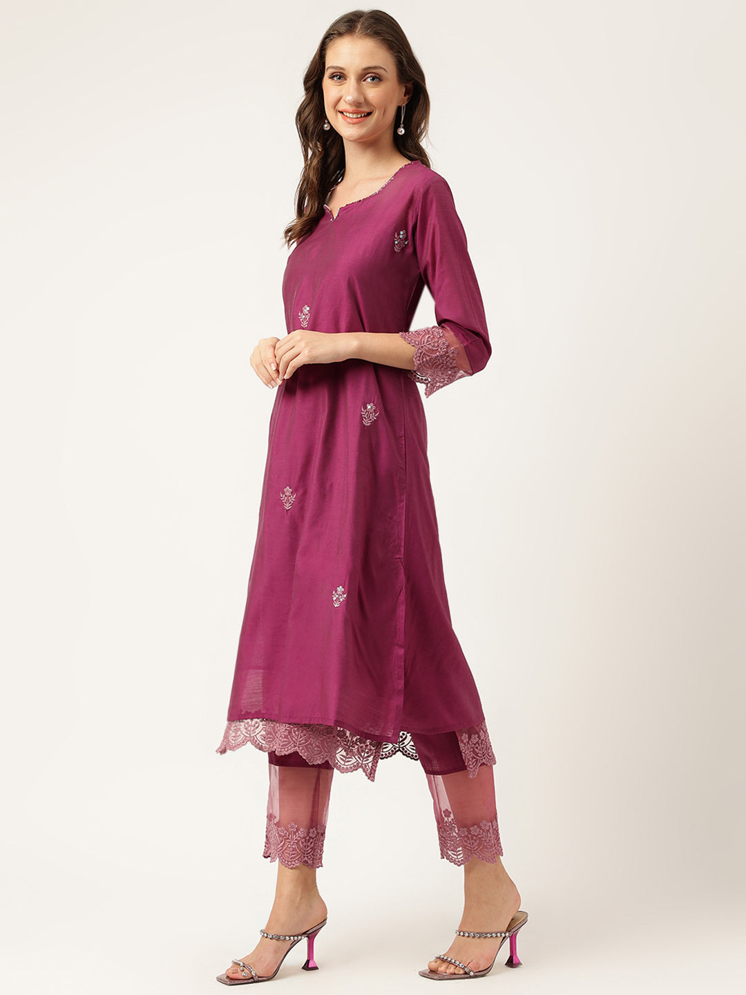 Solid Purple Chanderi Embroidered Kurta with Inner Trouser Inner & Dupatta Set