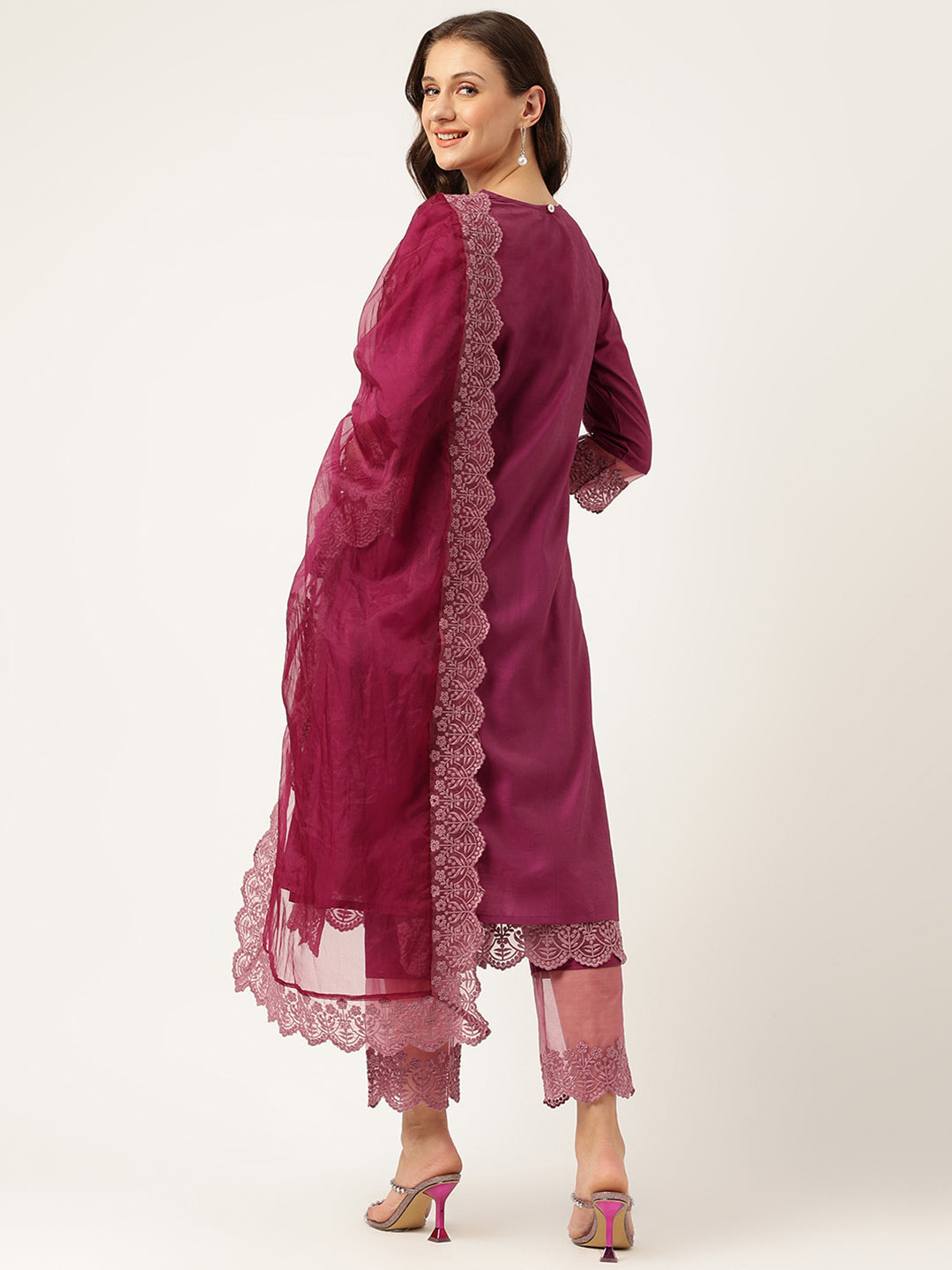 Solid Purple Chanderi Embroidered Kurta with Inner Trouser Inner & Dupatta Set