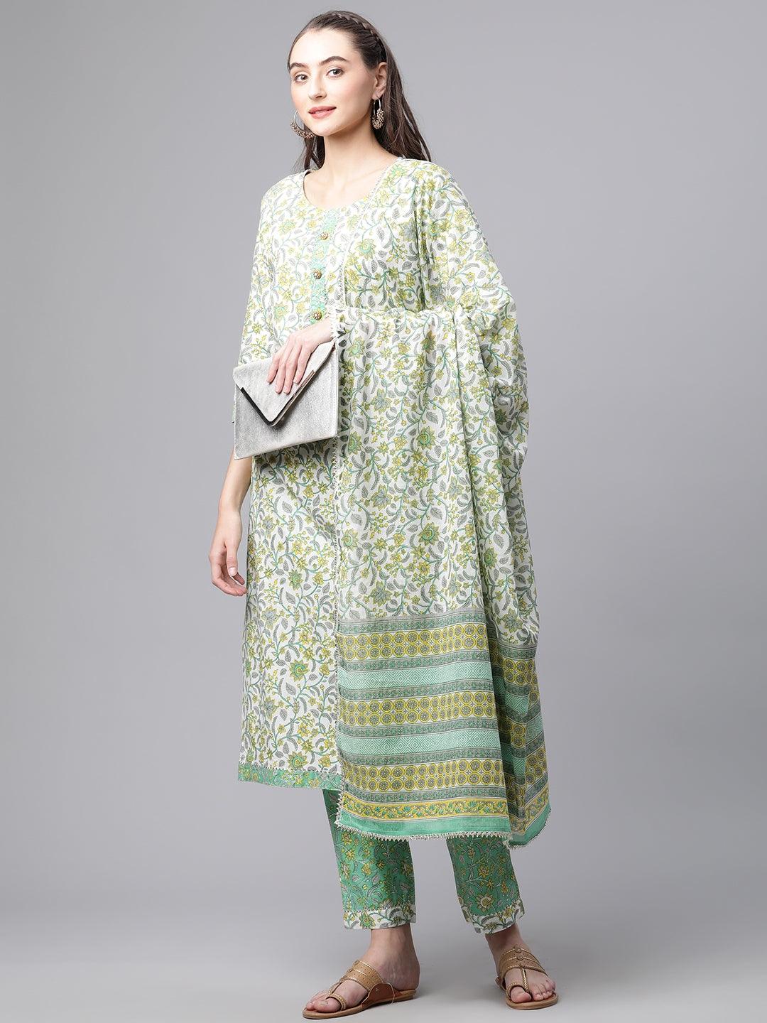 Divena White Cotton Straight Kurta Pant set with Dupatta - divenaworld.com