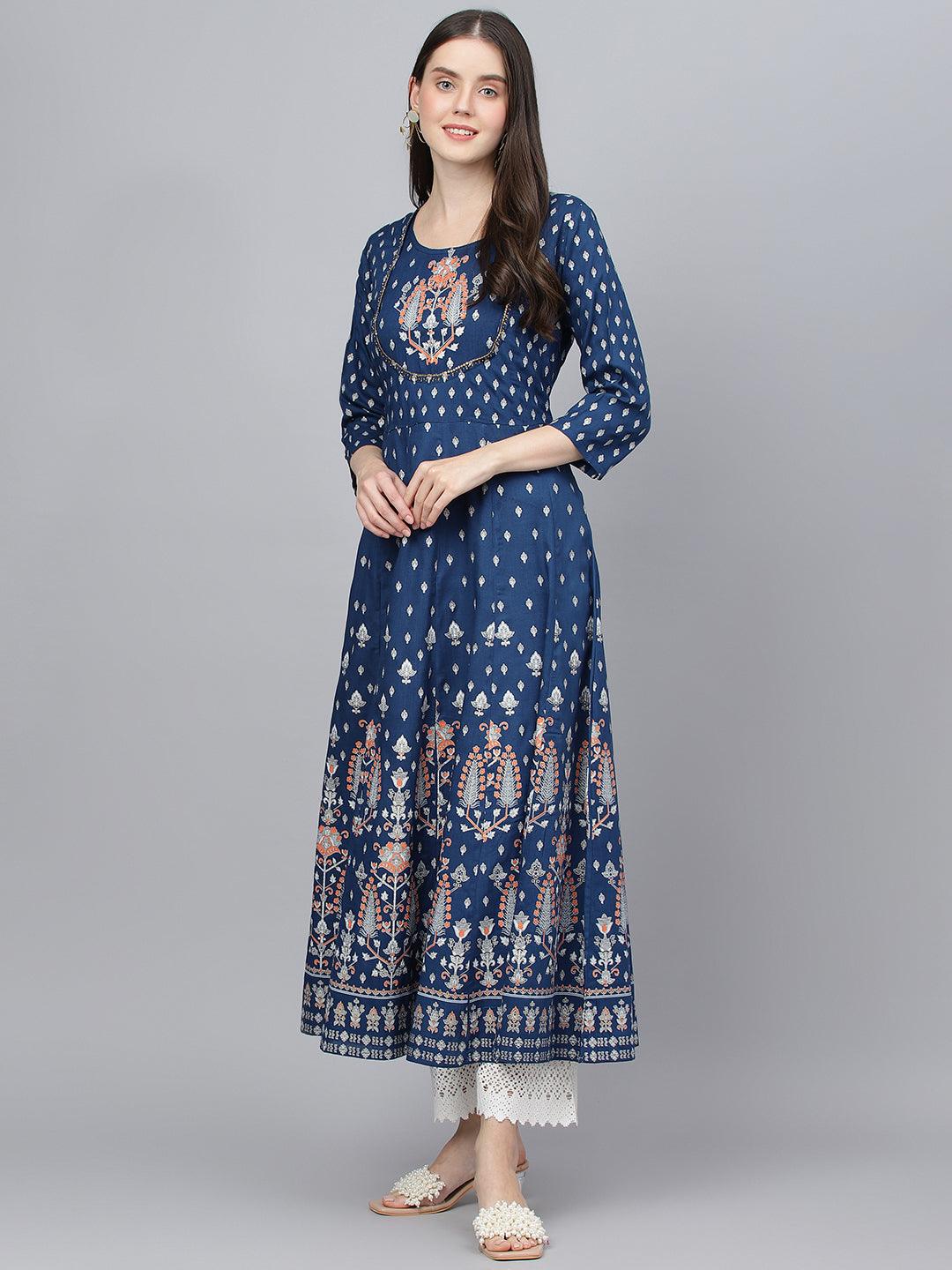 Divena Indigo Ethnic Motif Rayon Anarkali Kurta - divena world-Mohi