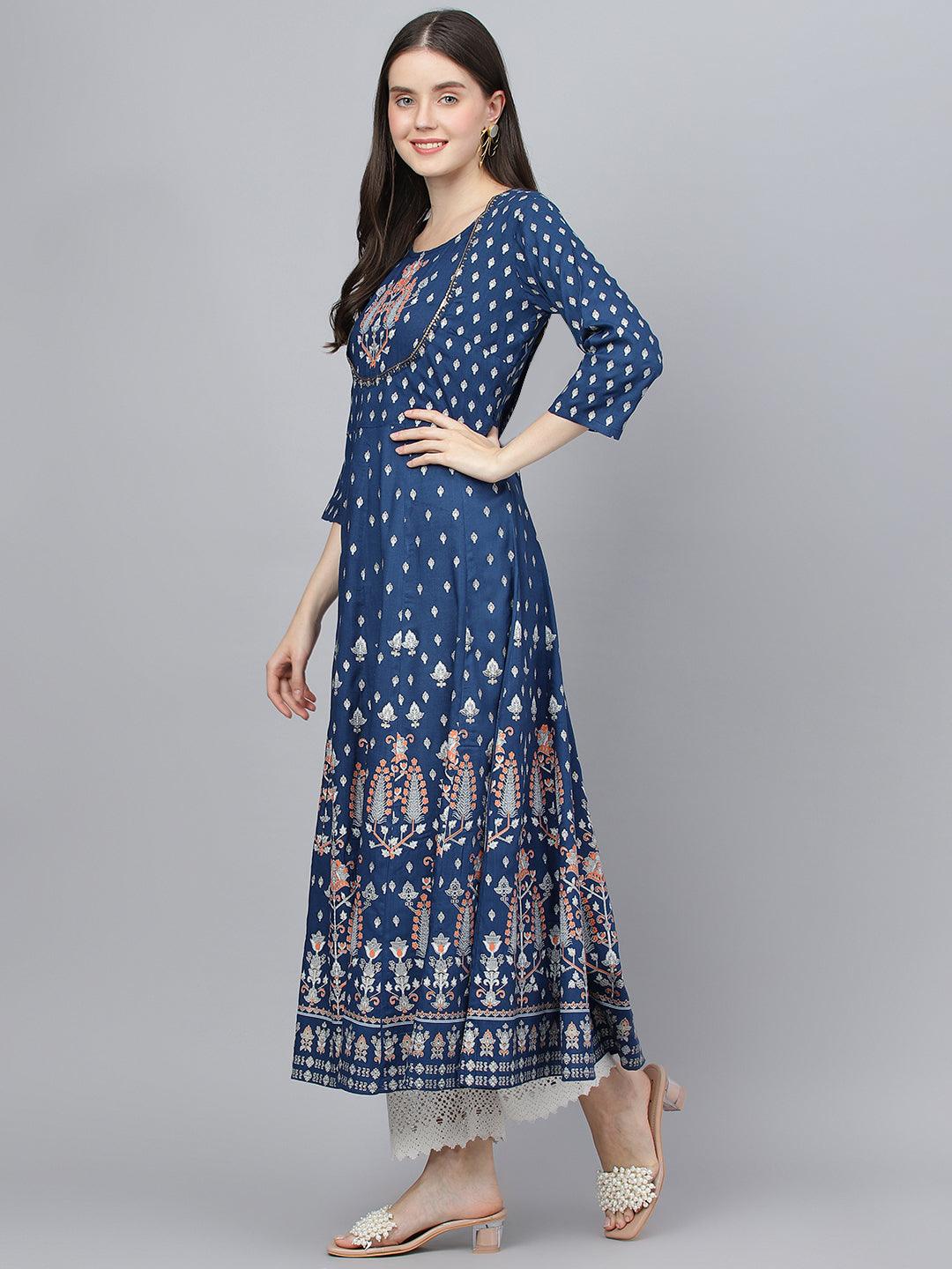 Divena Indigo Ethnic Motif Rayon Anarkali Kurta - divena world-Mohi