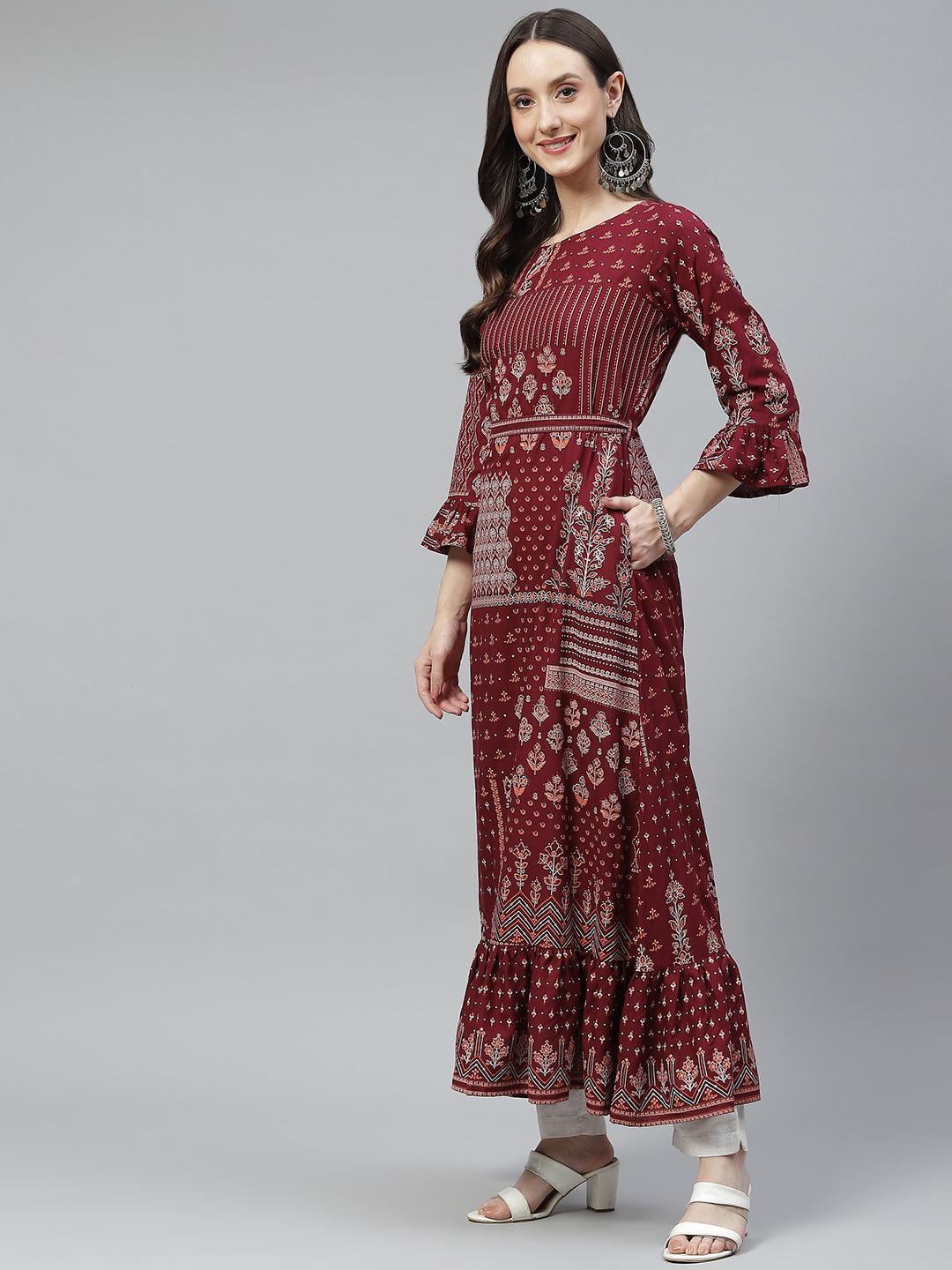 Divena Maroon Rayon A-line Kurta with Belt - divena world-Mohi