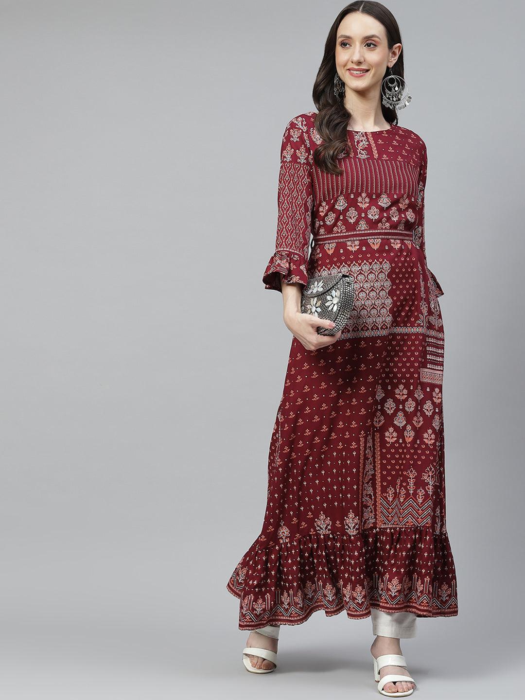 Divena Maroon Rayon A-line Kurta with Belt - divena world-Mohi