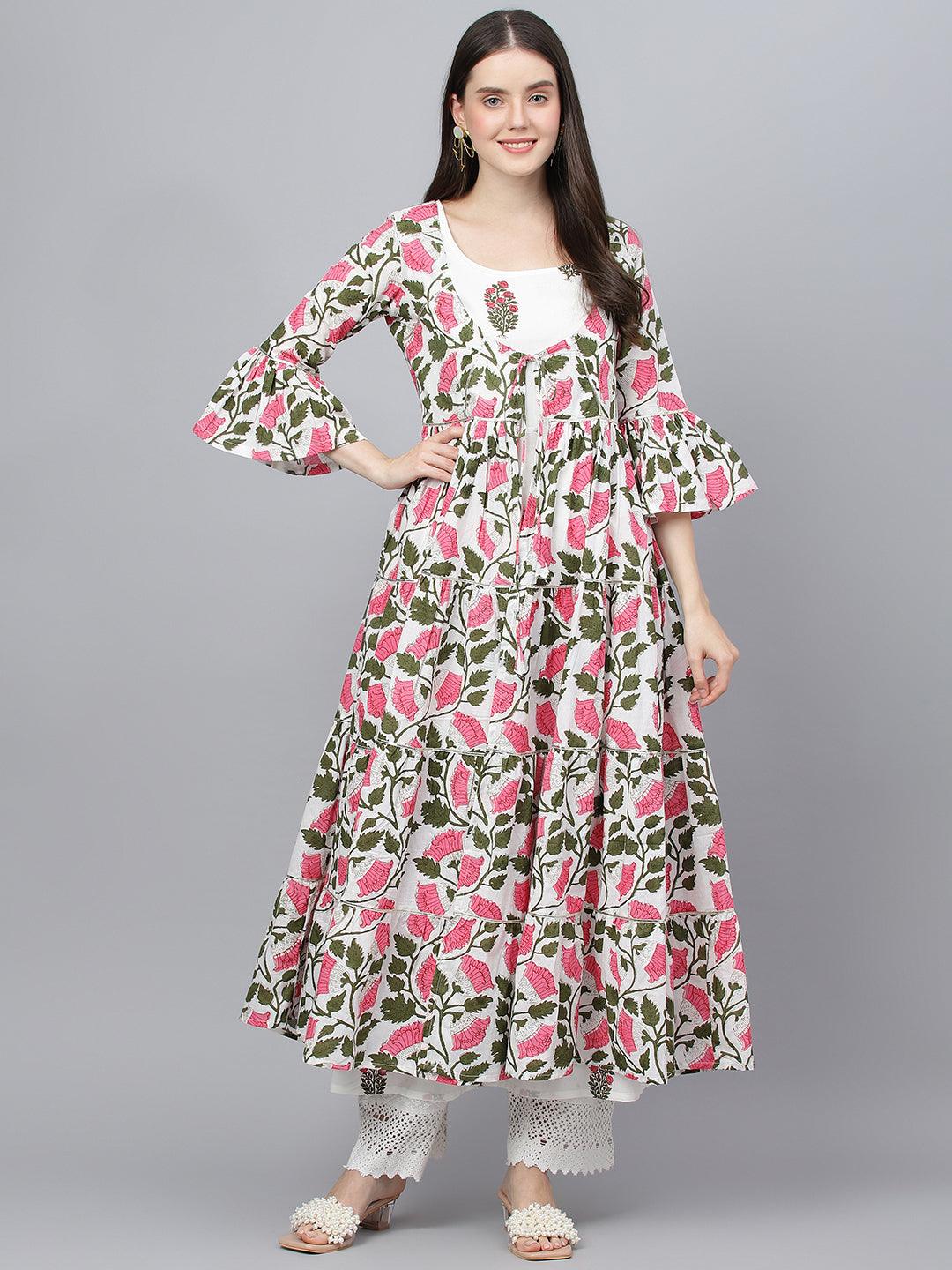 Divena White Floral Cotton Anarkali Kurta with Jacket - divena world-Mohi