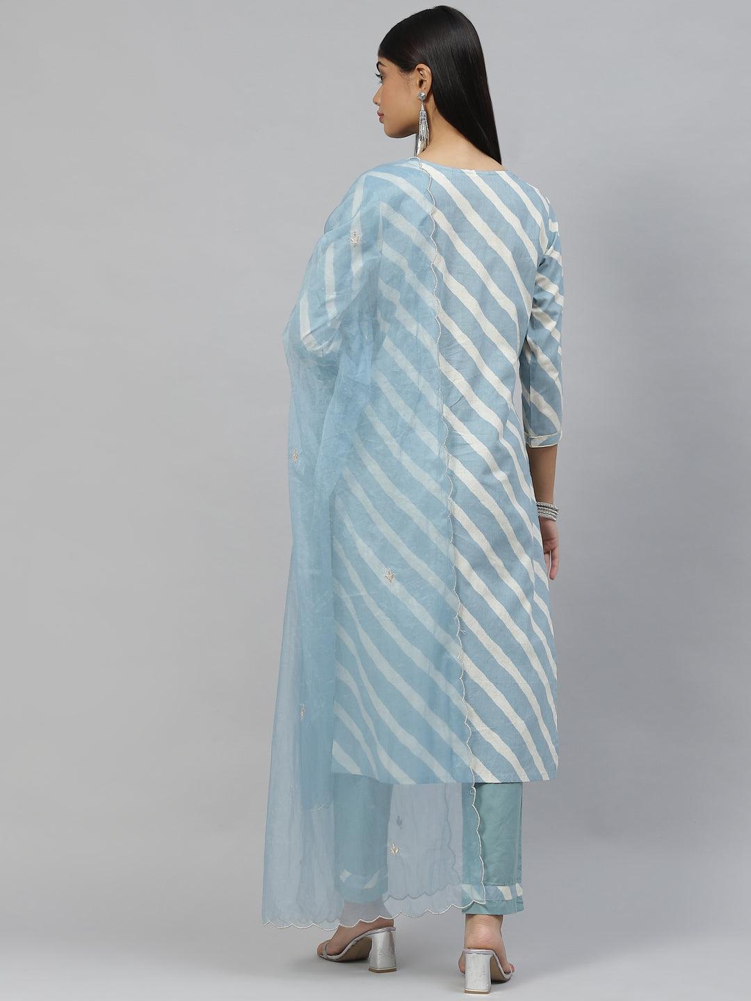 Divena Sky Blue Leheriya Cotton Kurta Pant set With Organza Dupatta - divena world-Mohi