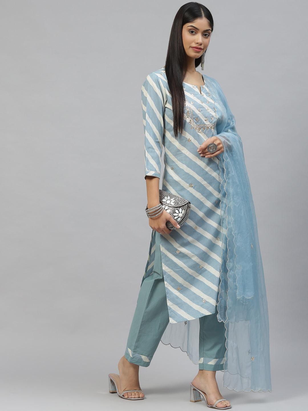 Divena Sky Blue Leheriya Cotton Kurta Pant set With Organza Dupatta - divena world-Mohi