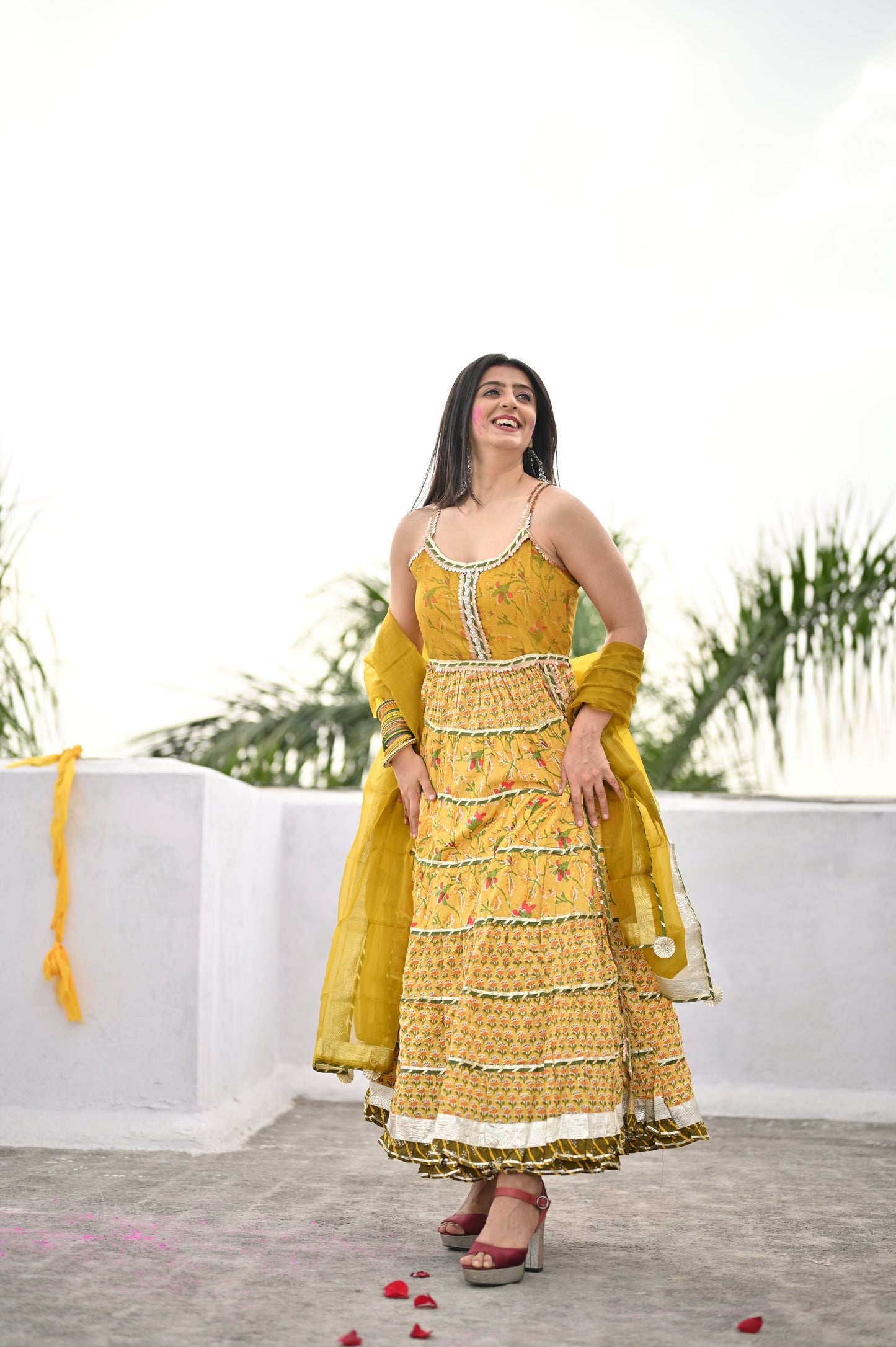 Yellow Cotton Sleeves less anarkali Skirt Set With Dupatta