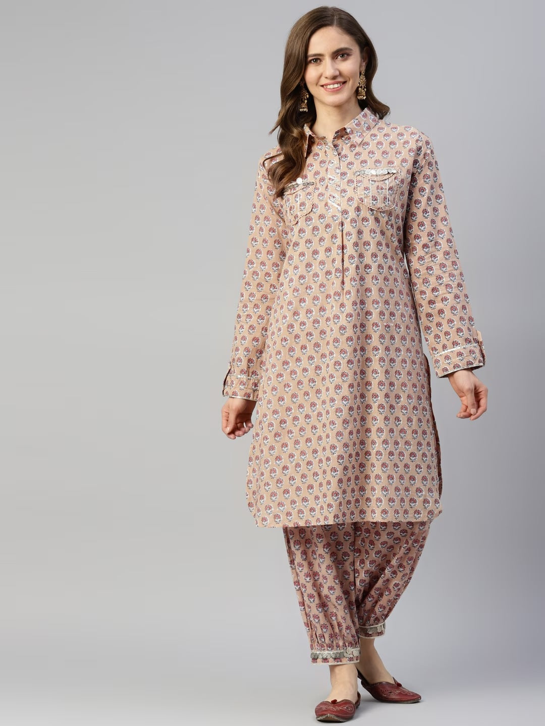 Beige Cotton Shirt Style Kurta Hem Cuffed Pant Co-ord Set