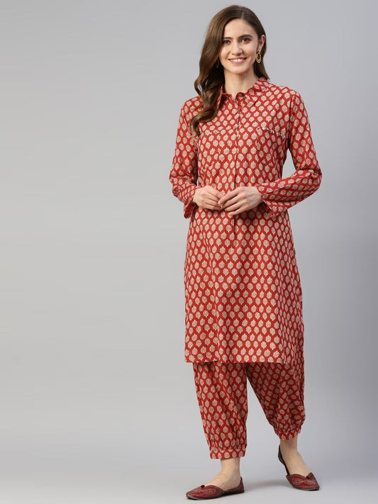 Maroon Cotton Shirt Style Kurta Hem Cuffed Pant Co-ord Set