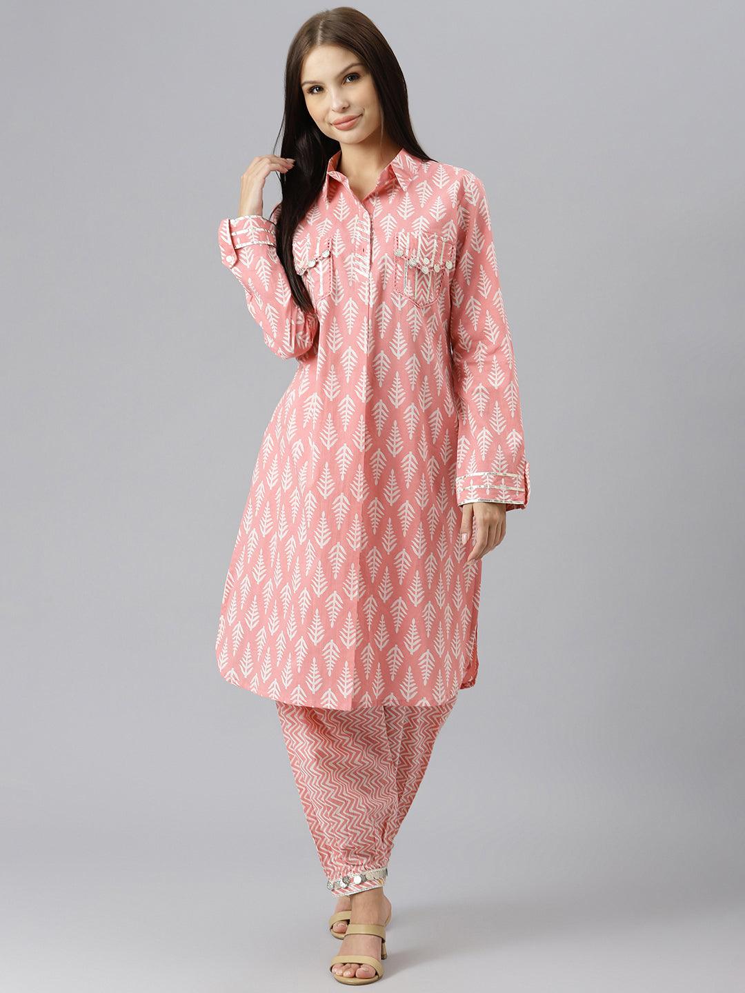 Divena Pink Cotton Shirt Style Kurta Hem Cuffed Pant Co-ord Set - divena world-Mohi