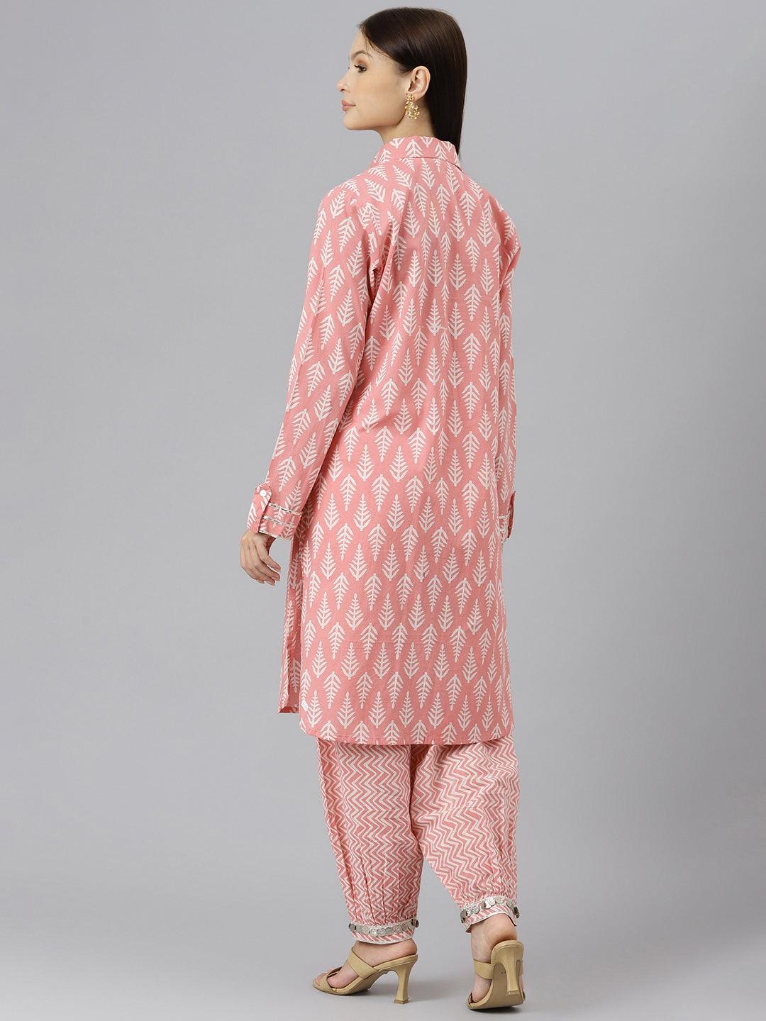 Divena Pink Cotton Shirt Style Kurta Hem Cuffed Pant Co-ord Set - divena world-Mohi