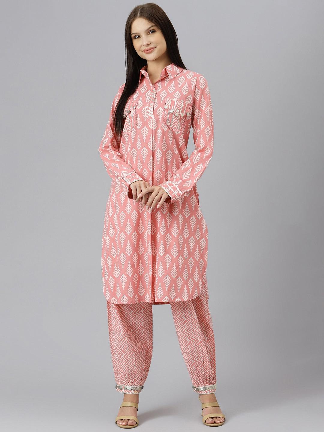 Divena Pink Cotton Shirt Style Kurta Hem Cuffed Pant Co-ord Set - divena world-Mohi