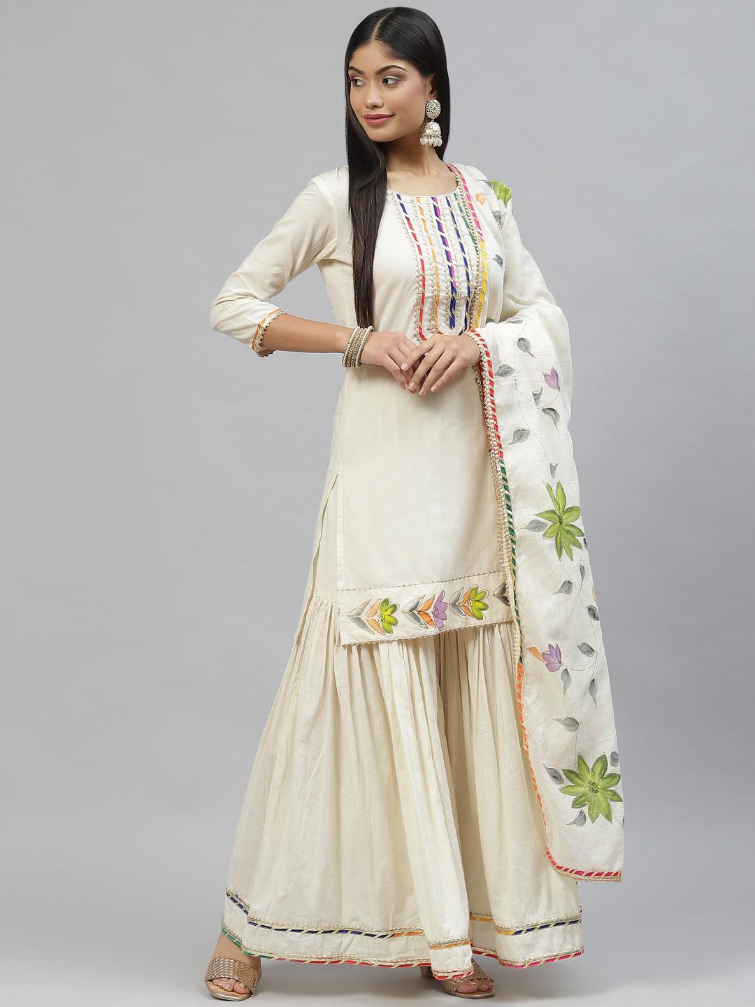 Divena Cream Solid Kurta Sharara Set with Hand Painted Dupatta - divena world-Mohi