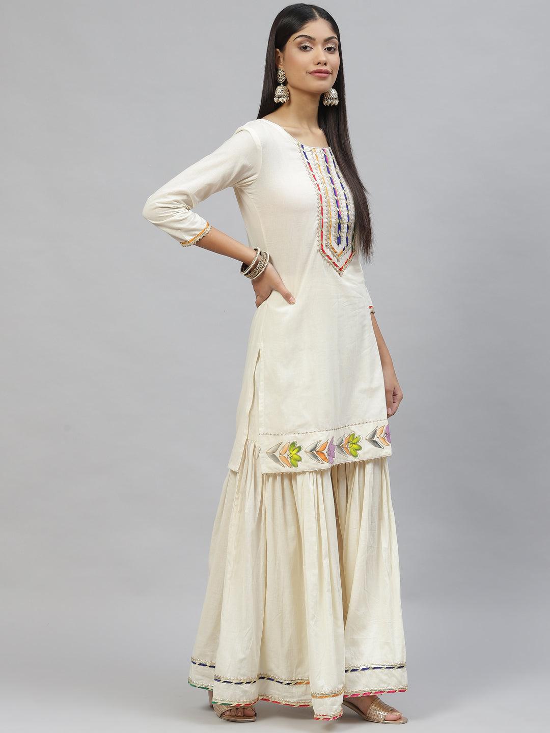 Divena Cream Solid Kurta Sharara Set with Hand Painted Dupatta - divena world-Mohi