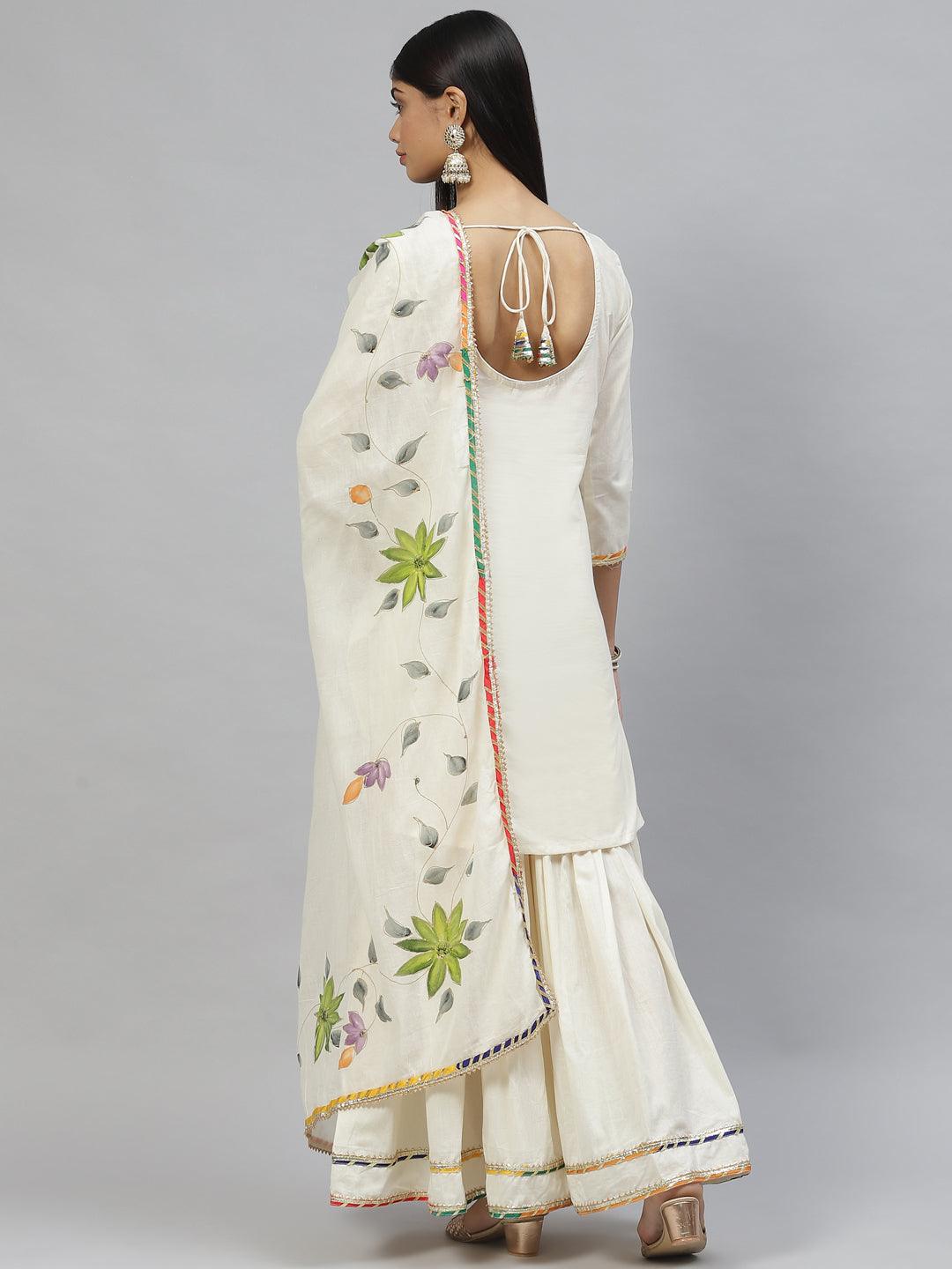 Divena Cream Solid Kurta Sharara Set with Hand Painted Dupatta - divena world-Mohi