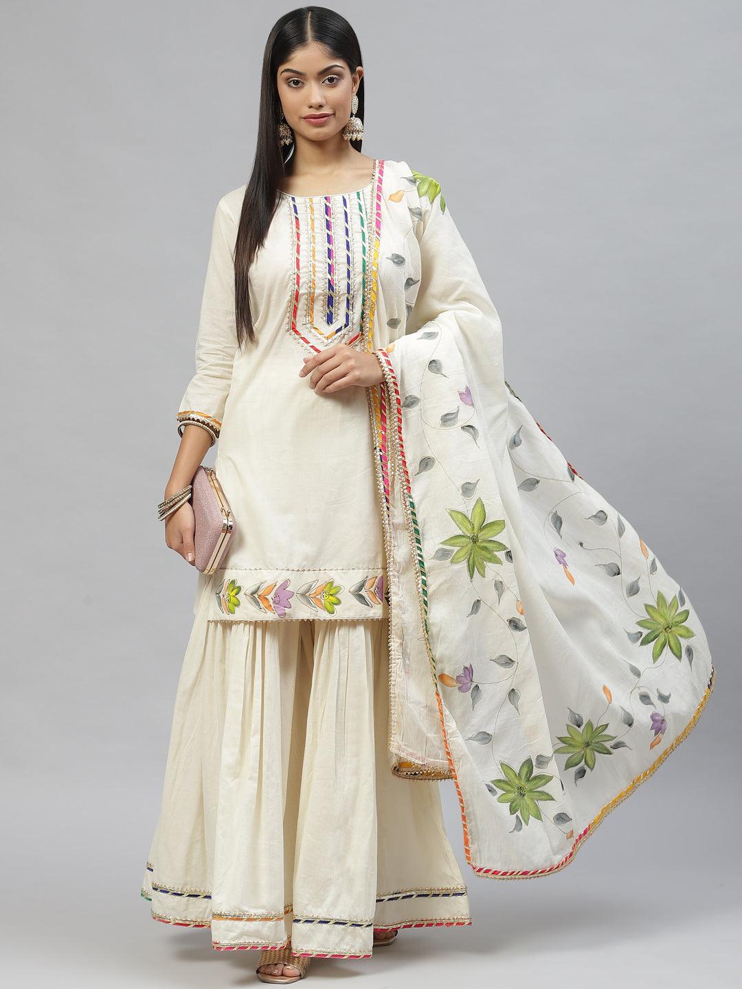 Divena Cream Solid Kurta Sharara Set with Hand Painted Dupatta - divena world-Mohi