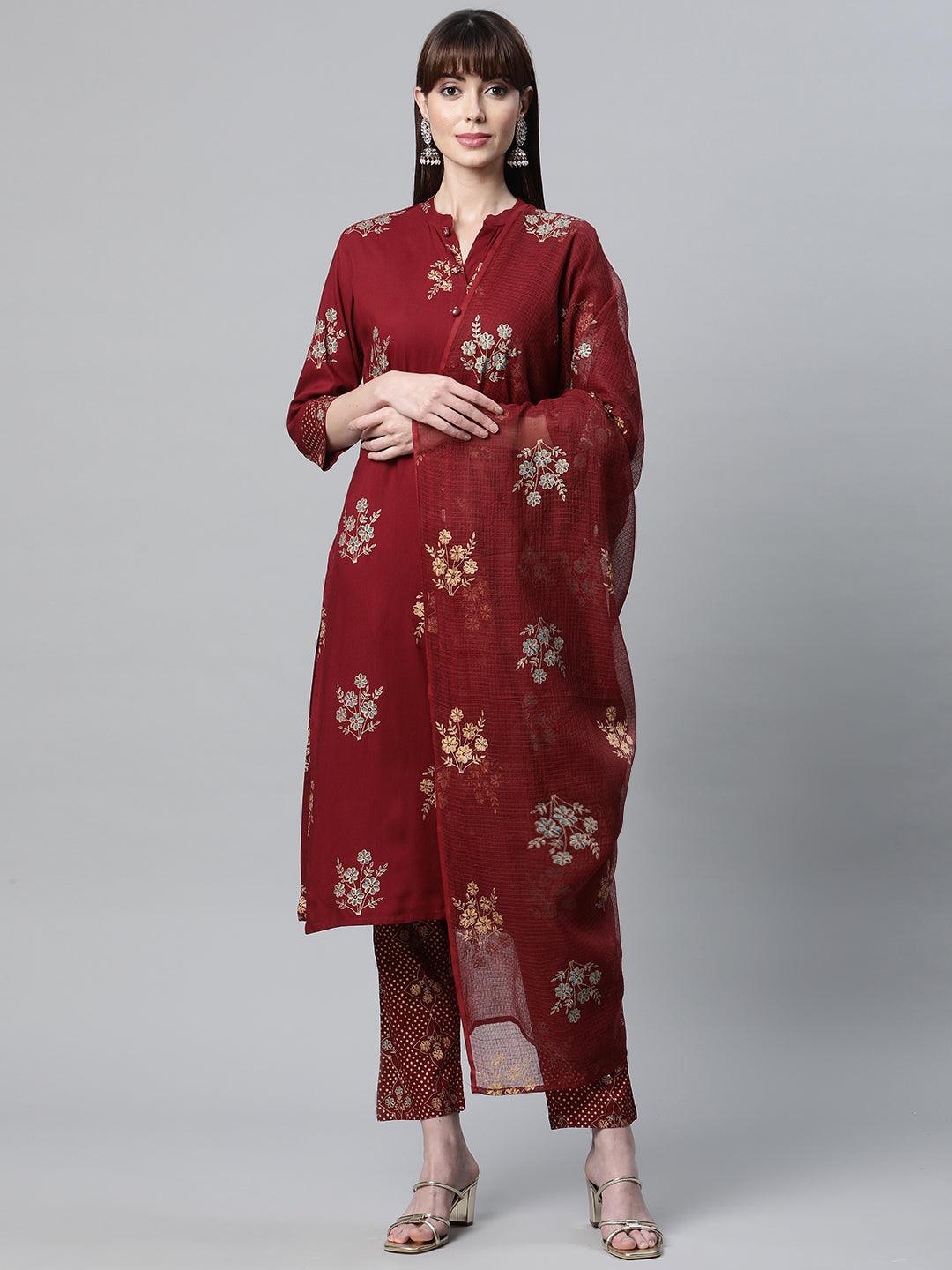 Divena Maroon Rayon Kurta Pant Set with kota doria Dupatta - divena world-Mohi