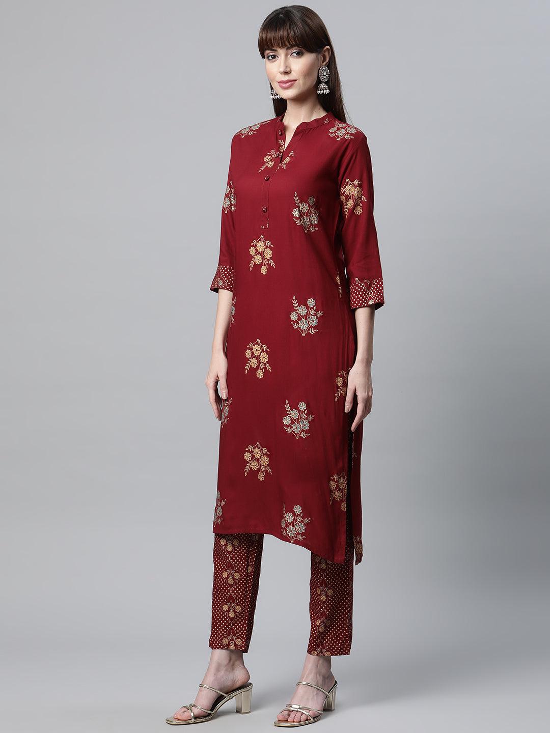 Divena Maroon Rayon Kurta Pant Set with kota doria Dupatta - divena world-Mohi