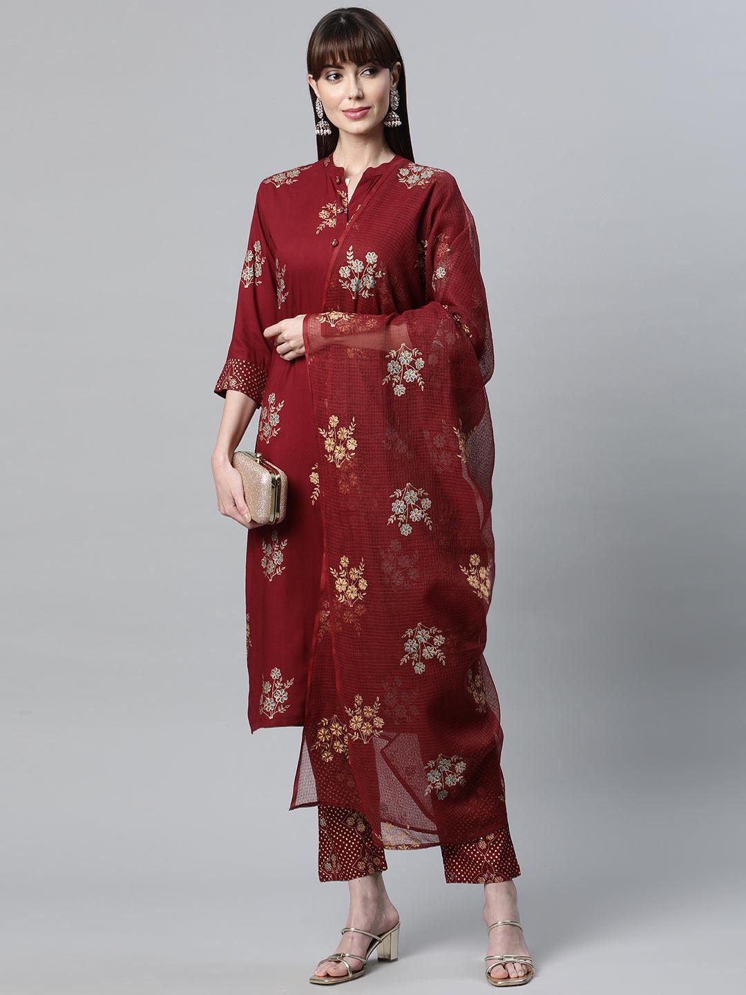 Divena Maroon Rayon Kurta Pant Set with kota doria Dupatta - divena world-Mohi