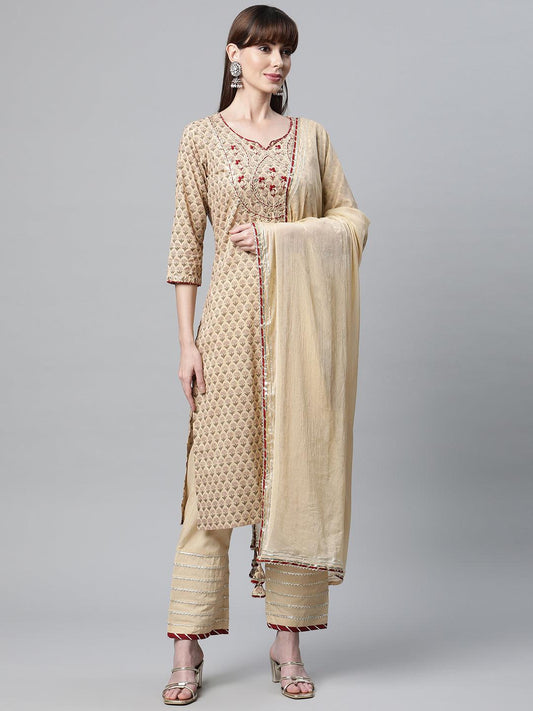 Divena Beige Color Cotton Straight Kurta Pant Set with Dupatta - divena world-Mohi