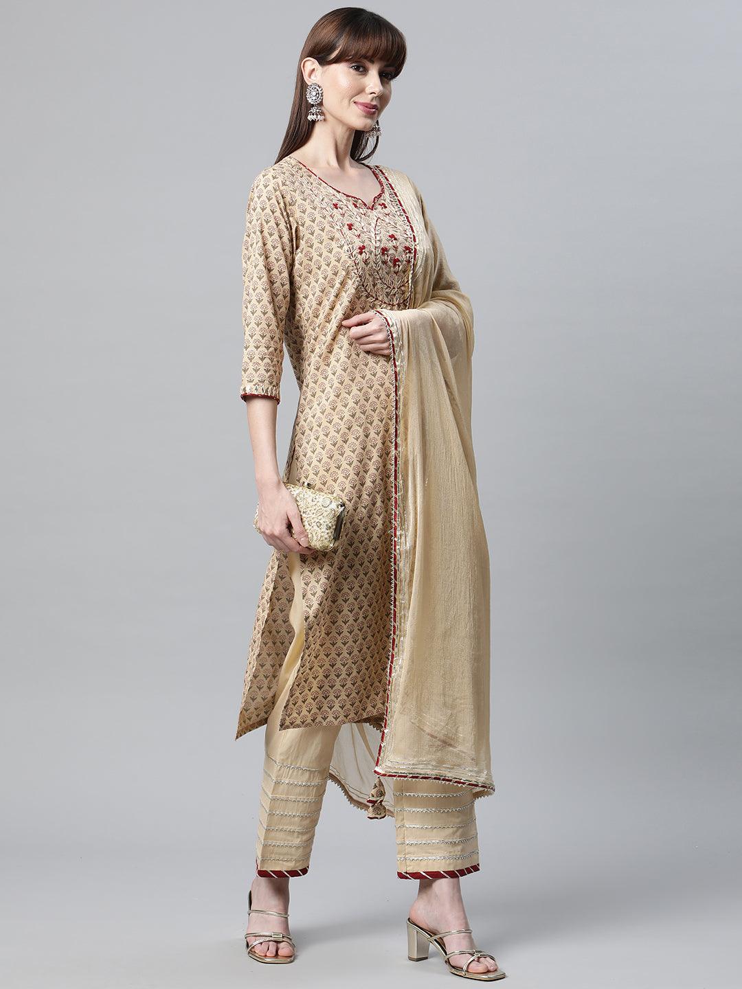 Divena Beige Color Cotton Straight Kurta Pant Set with Dupatta - divena world-Mohi