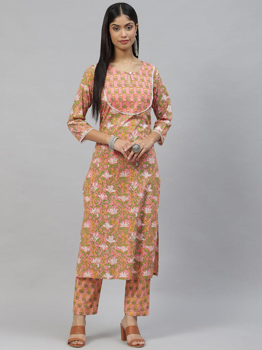 Divena Pink Floral Cotton Kurta Pant Set - divena world-Mohi