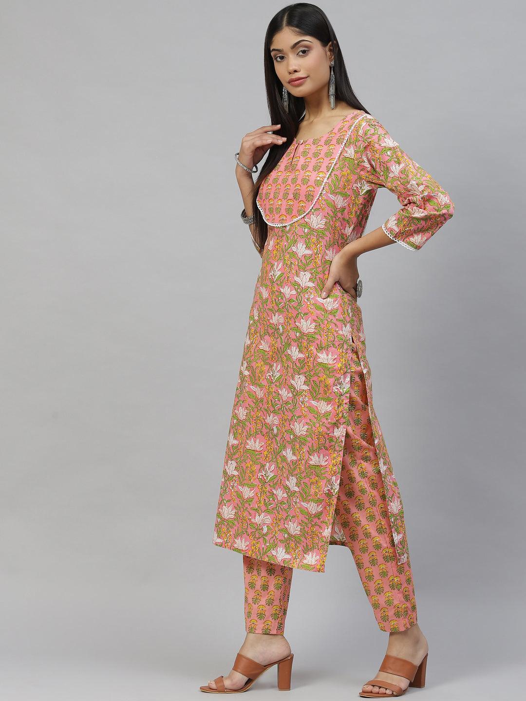 Divena Pink Floral Cotton Kurta Pant Set - divena world-Mohi